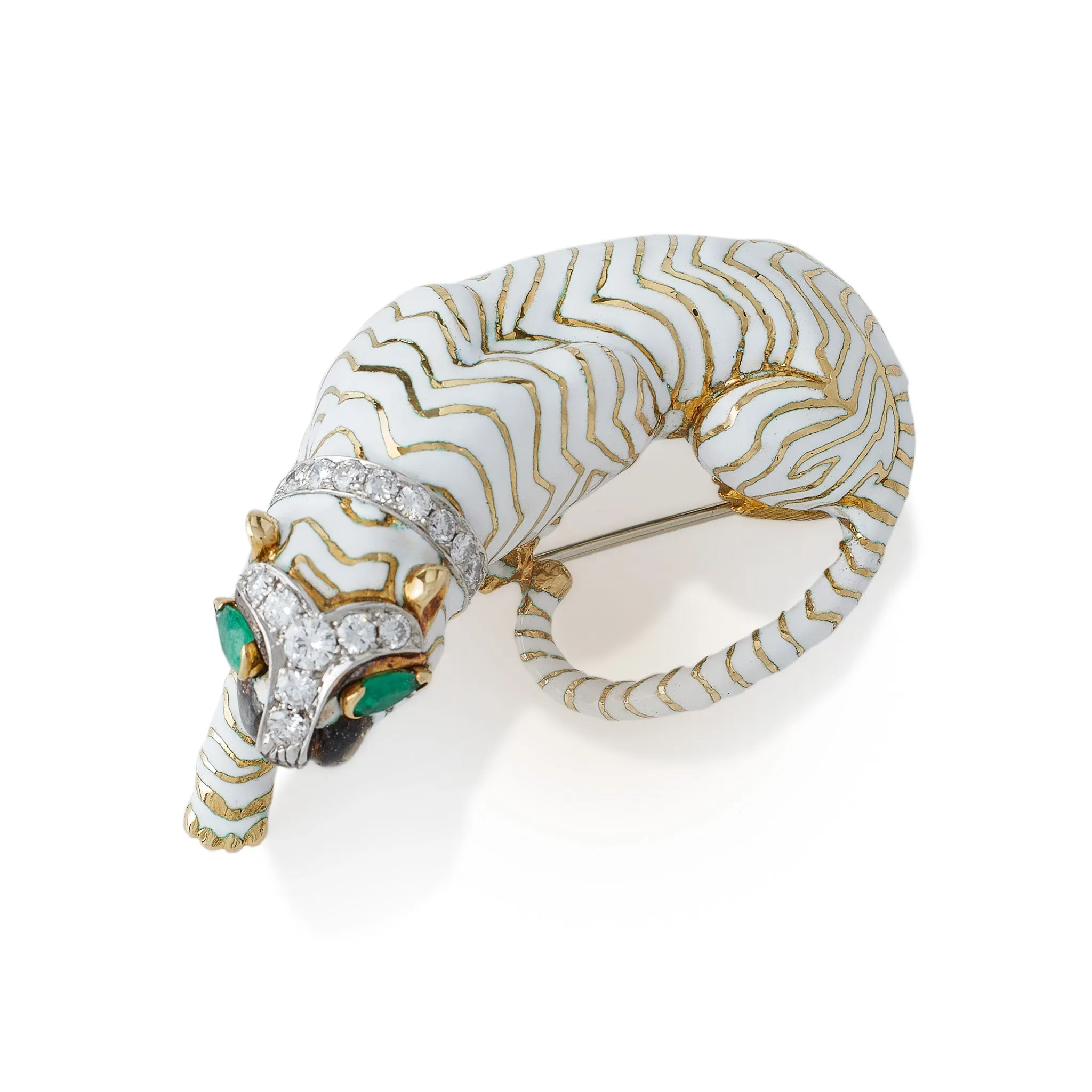 David Webb White Enamel Tiger Brooch