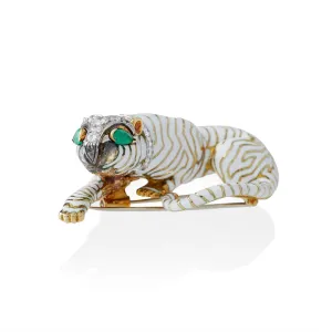 David Webb White Enamel Tiger Brooch