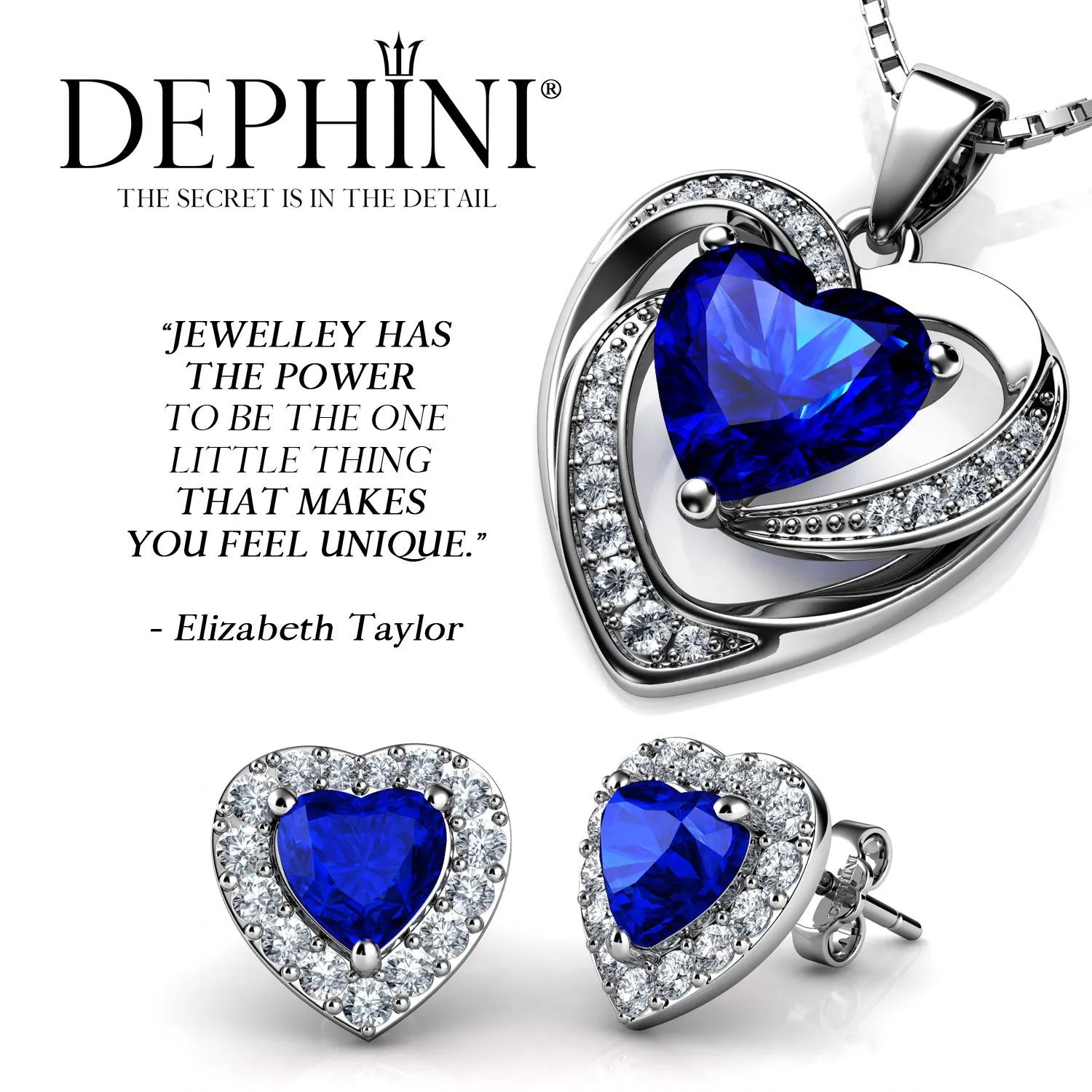 DEPHINI Blue Heart Necklace & Heart Earrings Silver Blue Jewellery SET