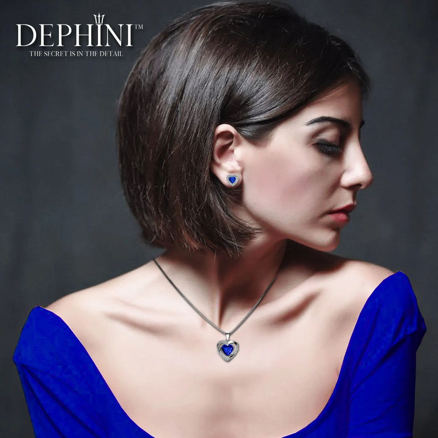 DEPHINI Blue Heart Necklace & Heart Earrings Silver Blue Jewellery SET