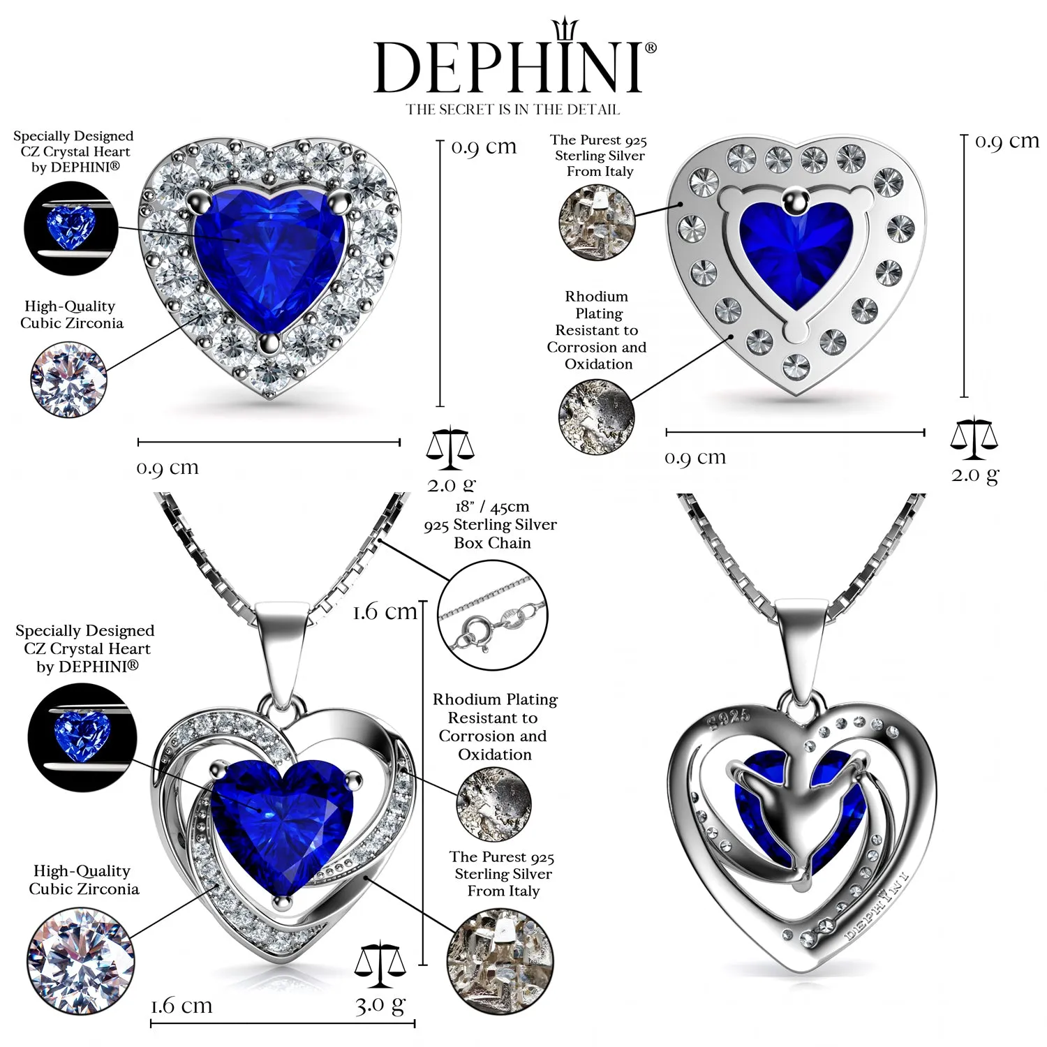 DEPHINI Blue Heart Necklace & Heart Earrings Silver Blue Jewellery SET