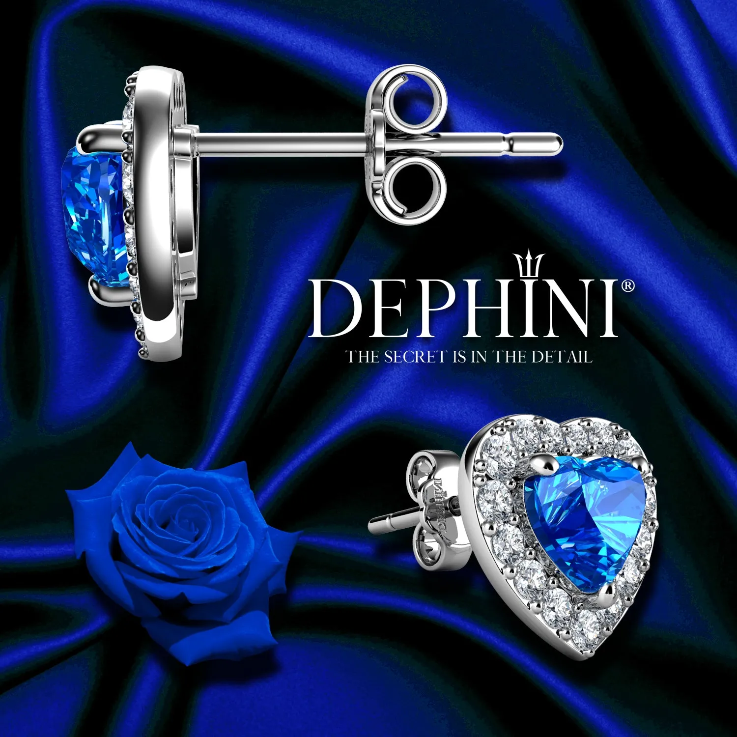 DEPHINI Blue Heart stud Earrings 925 Sterling Silver Stud Earrings CZ