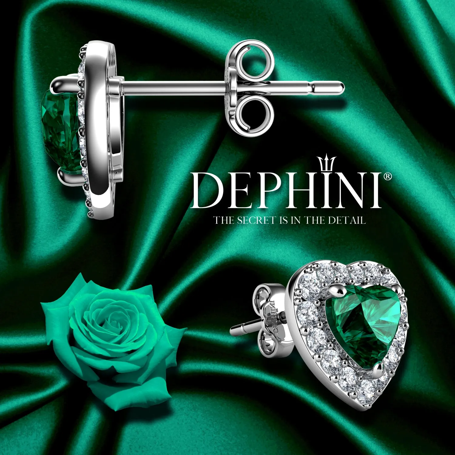 DEPHINI Green Heart Earrings  925 Sterling Silver Stud Earrings CZ