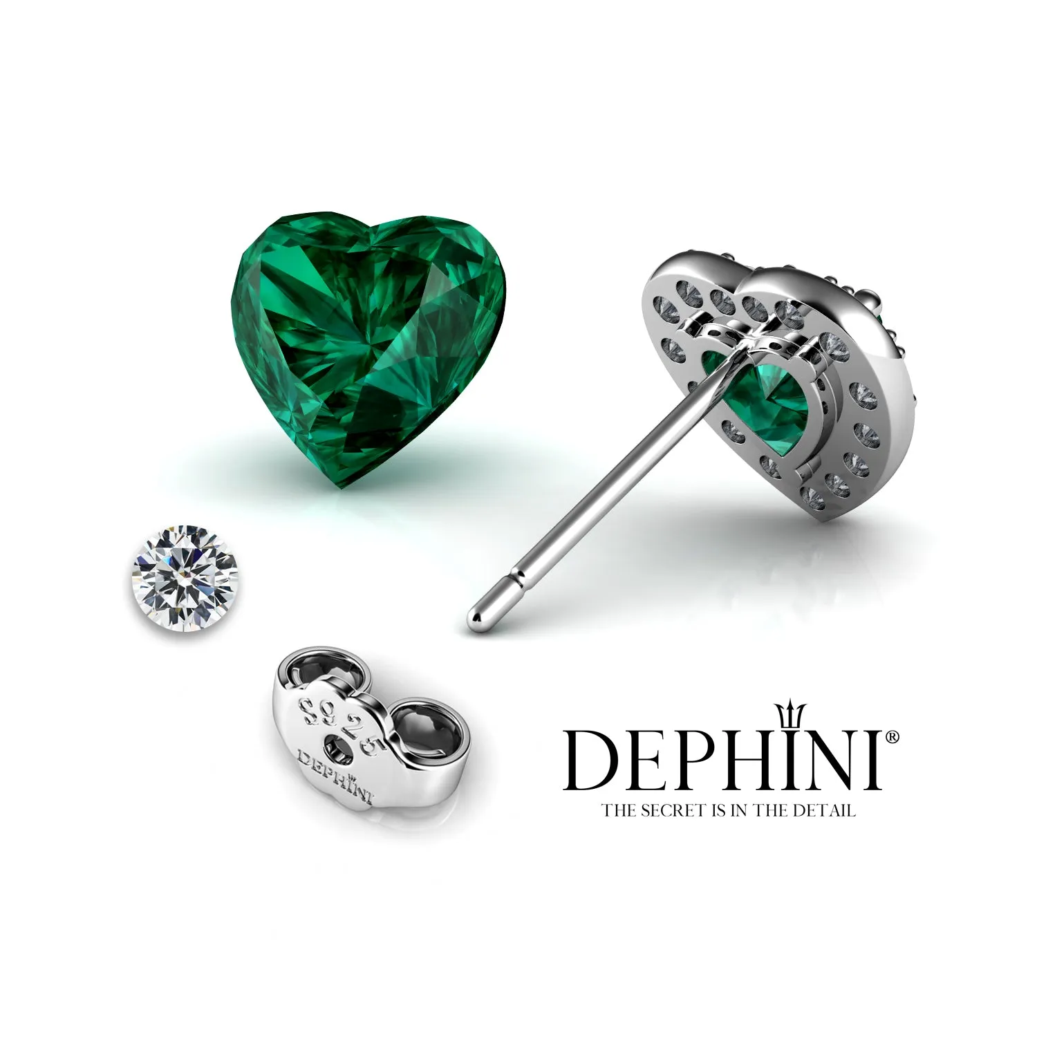 DEPHINI Green Heart Earrings  925 Sterling Silver Stud Earrings CZ