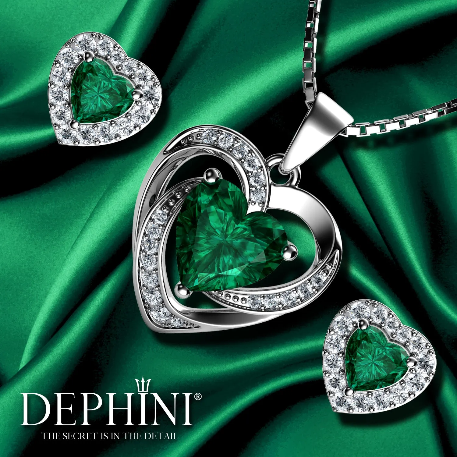 DEPHINI Green jewellery set Heart Earrings & Necklace Sterling Silver