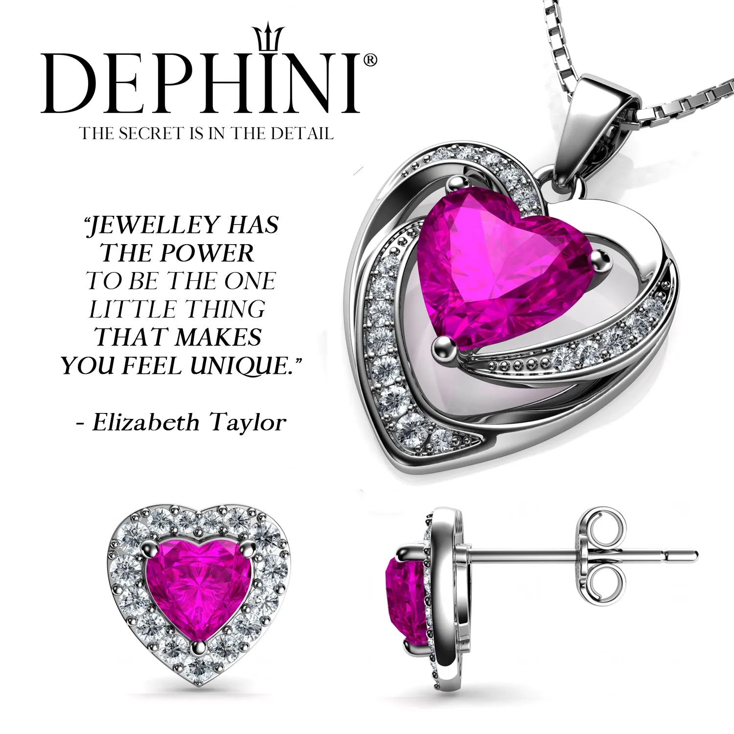 DEPHINI Elegant Pink Heart Necklace & Earrings Set in Silver - Stylish Jewelry for Any Occasion