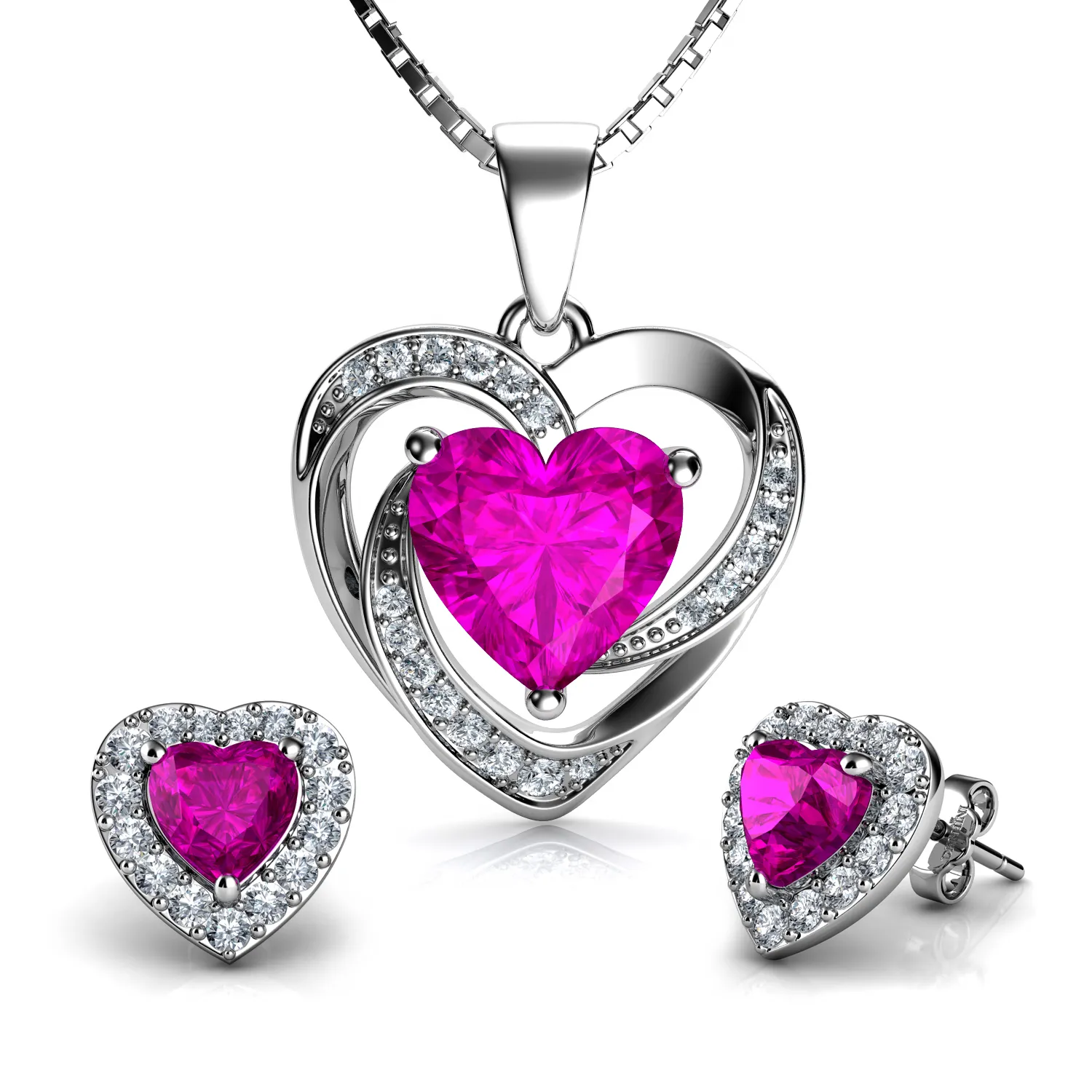 DEPHINI Elegant Pink Heart Necklace & Earrings Set in Silver - Stylish Jewelry for Any Occasion