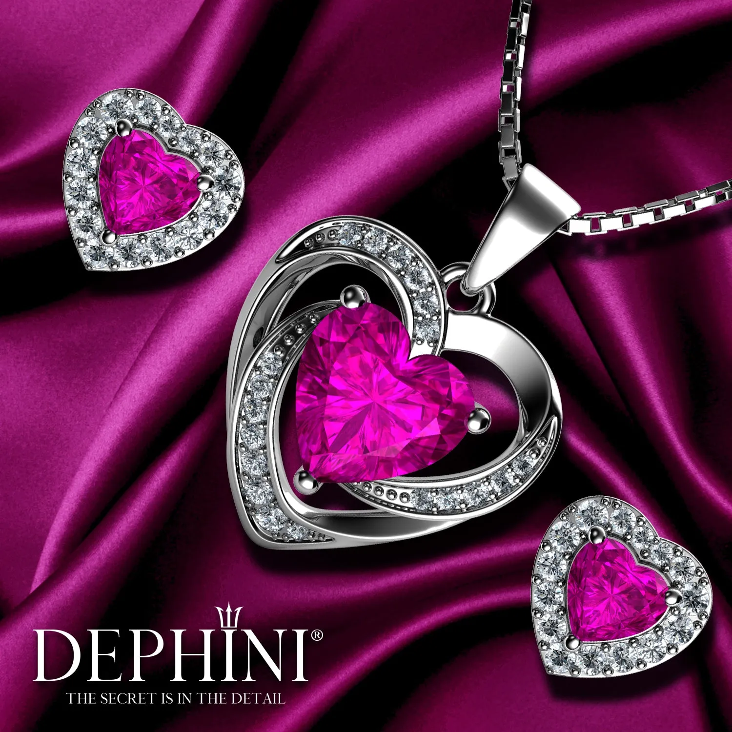 DEPHINI Elegant Pink Heart Necklace & Earrings Set in Silver - Stylish Jewelry for Any Occasion