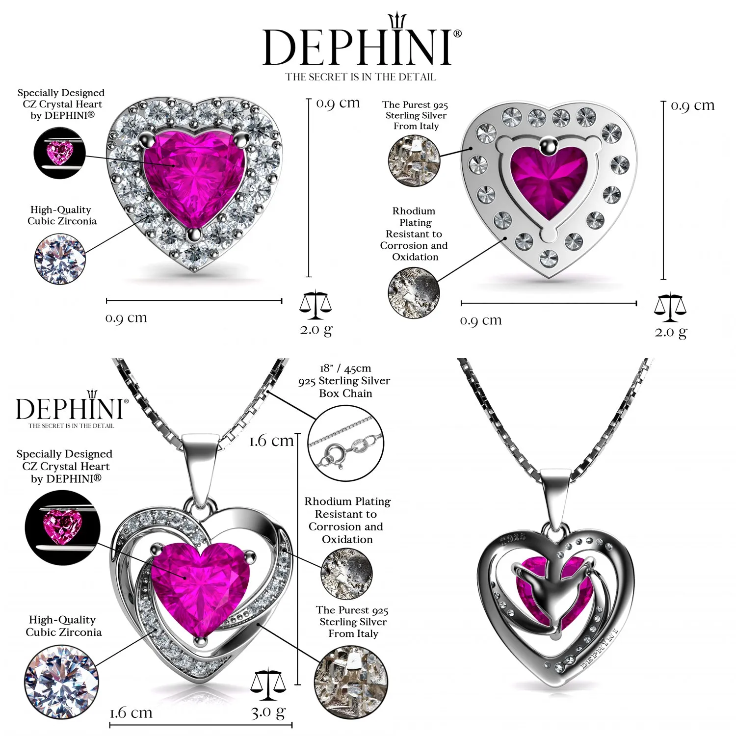 DEPHINI Elegant Pink Heart Necklace & Earrings Set in Silver - Stylish Jewelry for Any Occasion