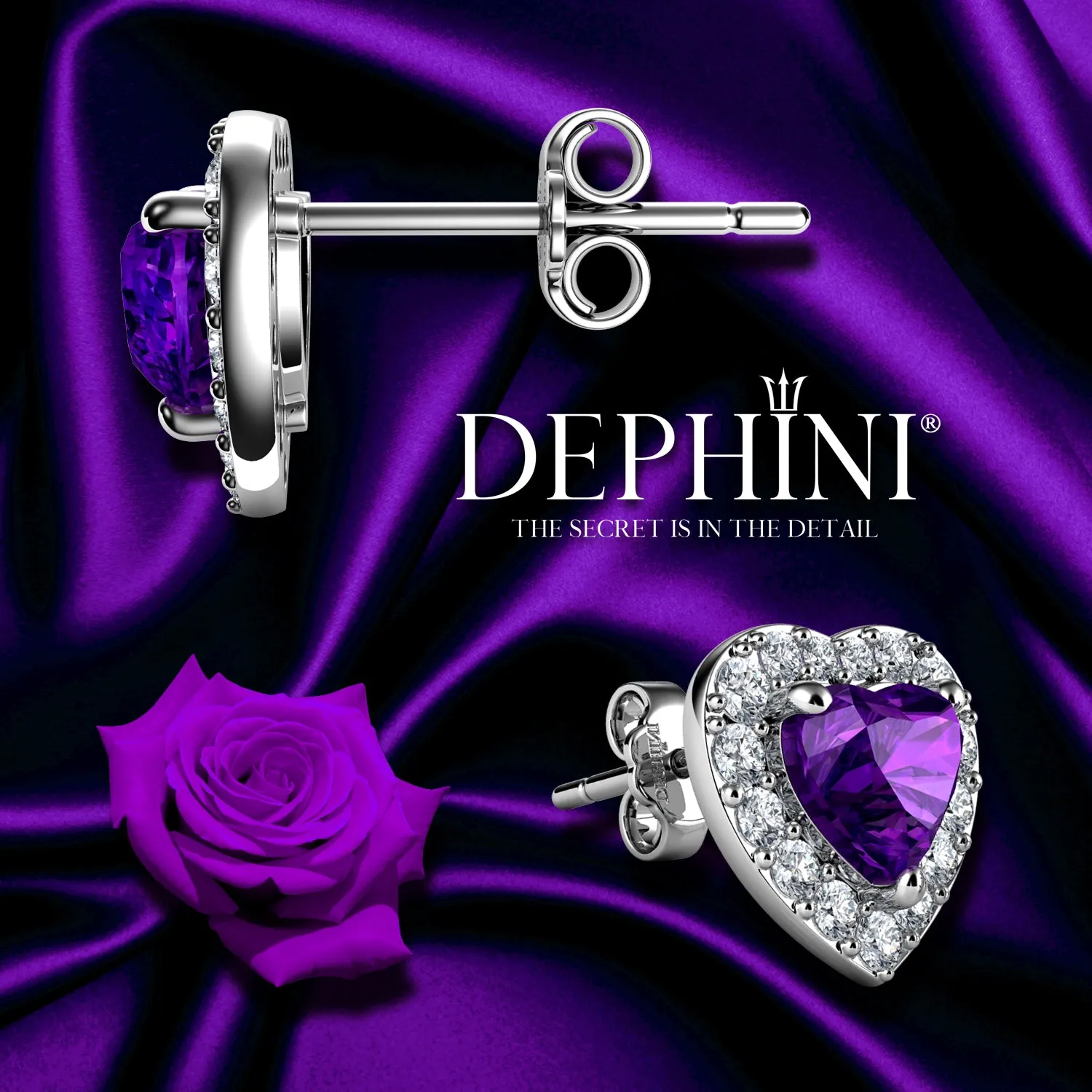 DEPHINI Purple Heart Earrings  925 Sterling Silver Stud Earrings CZ