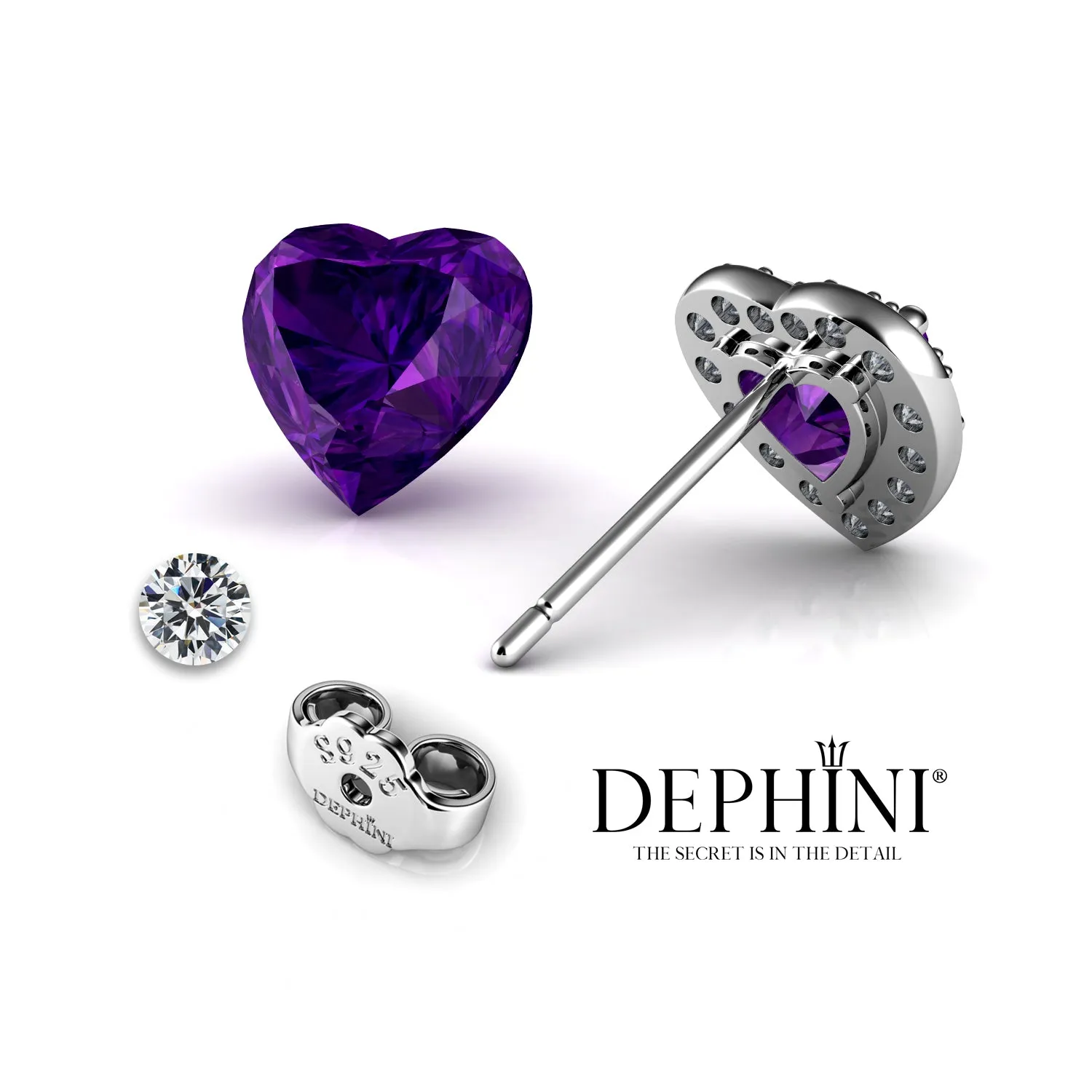 DEPHINI Purple Heart Earrings  925 Sterling Silver Stud Earrings CZ