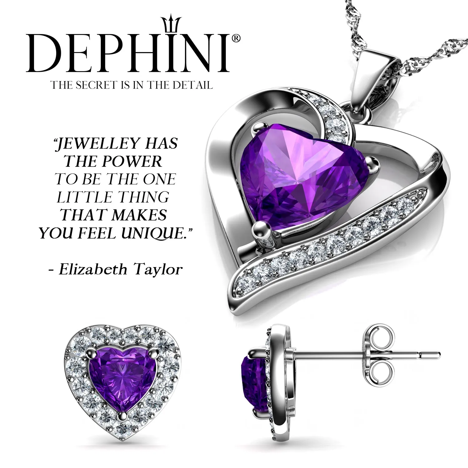 DEPHINI Purple Heart Necklace & Heart Earrings Purple Jewellery SET