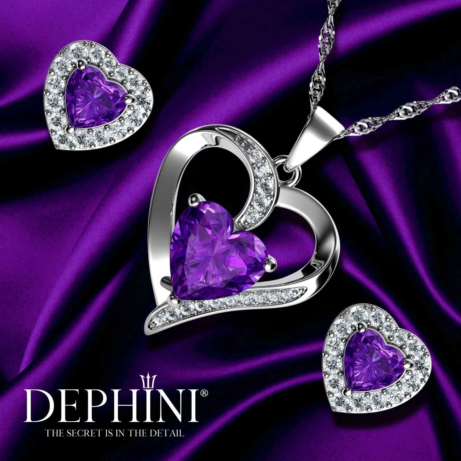 DEPHINI Purple Heart Necklace & Heart Earrings Purple Jewellery SET