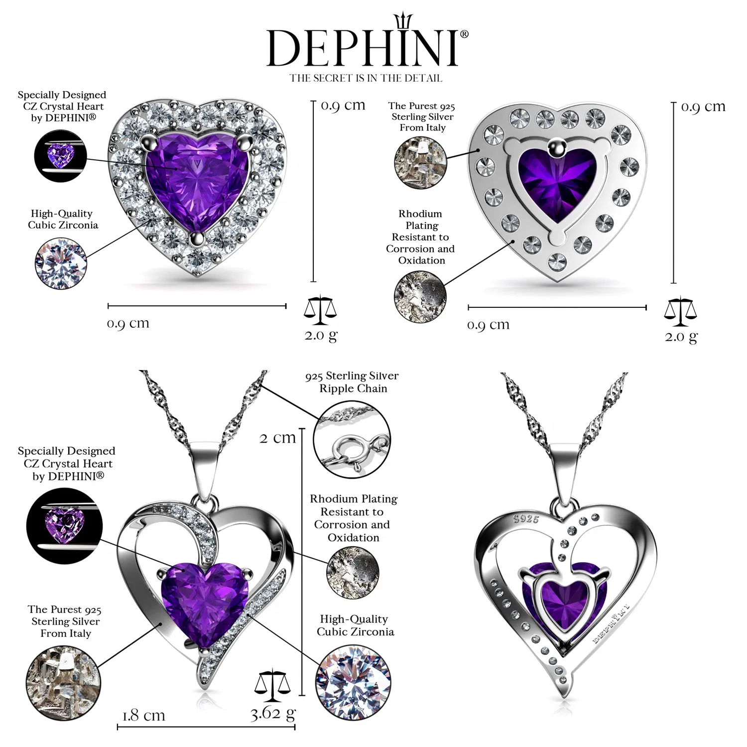 DEPHINI Purple Heart Necklace & Heart Earrings Purple Jewellery SET