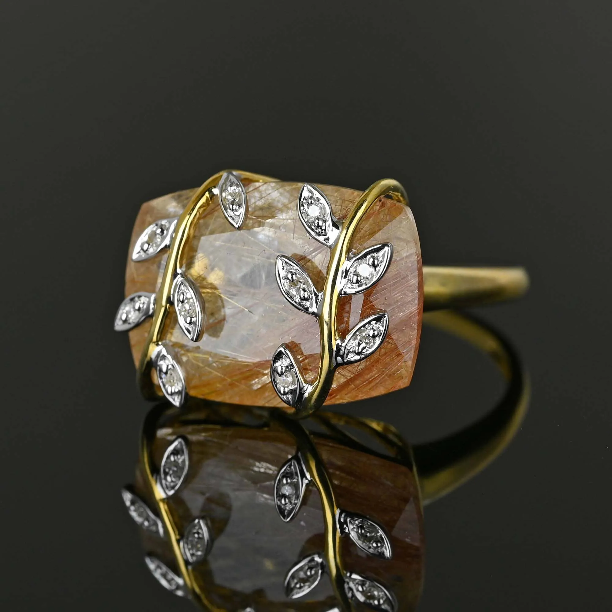 Diamond Leaf East West Rutilated Quartz Cocktail Ring