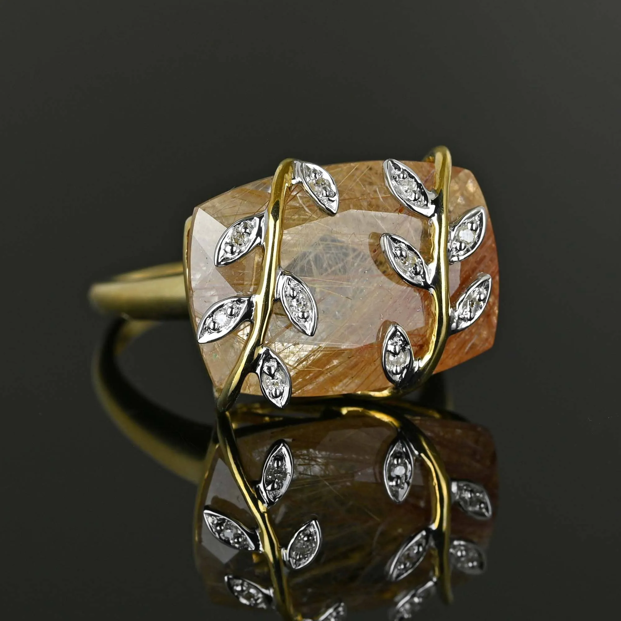 Diamond Leaf East West Rutilated Quartz Cocktail Ring