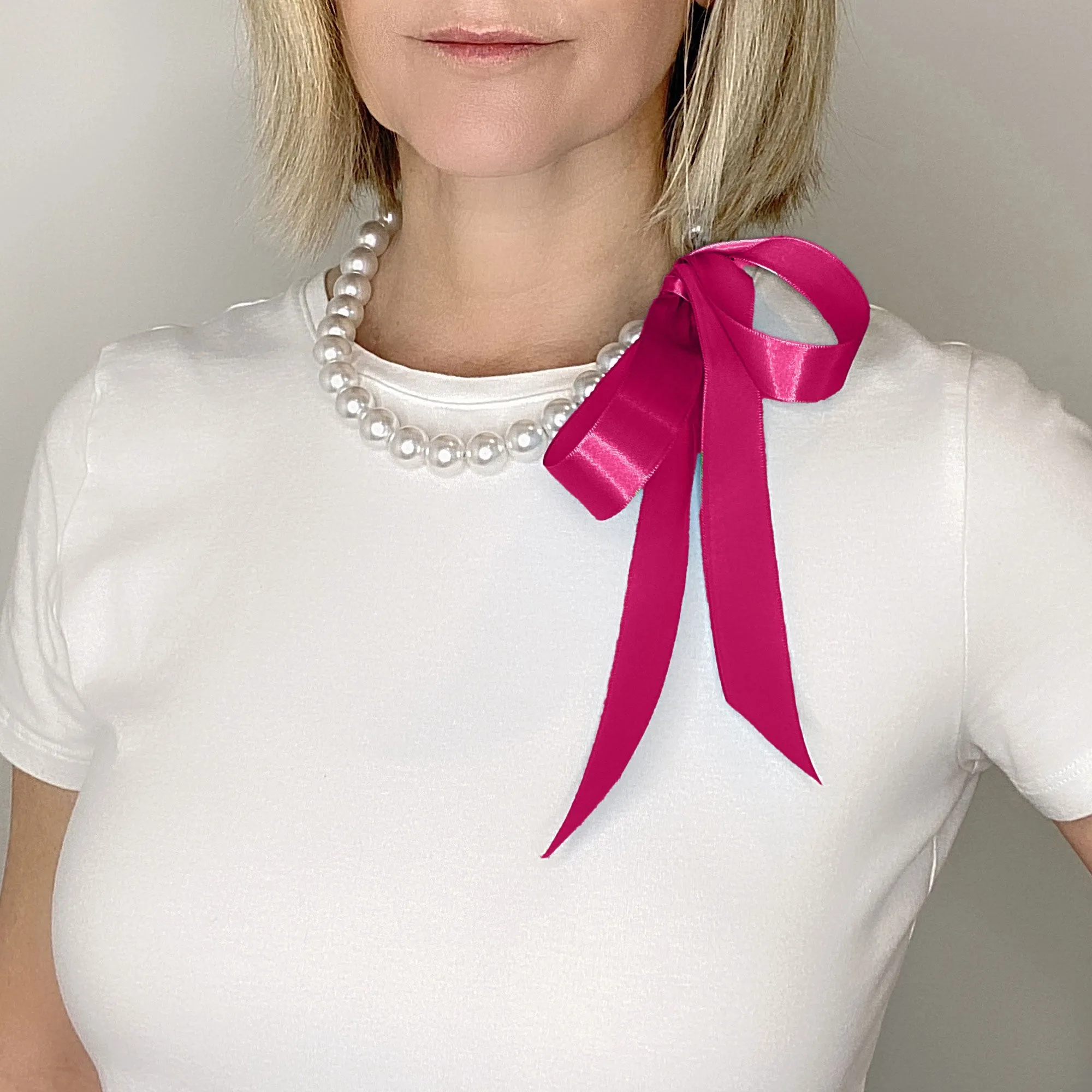 DOTTY bright pink ribbon pearl necklace