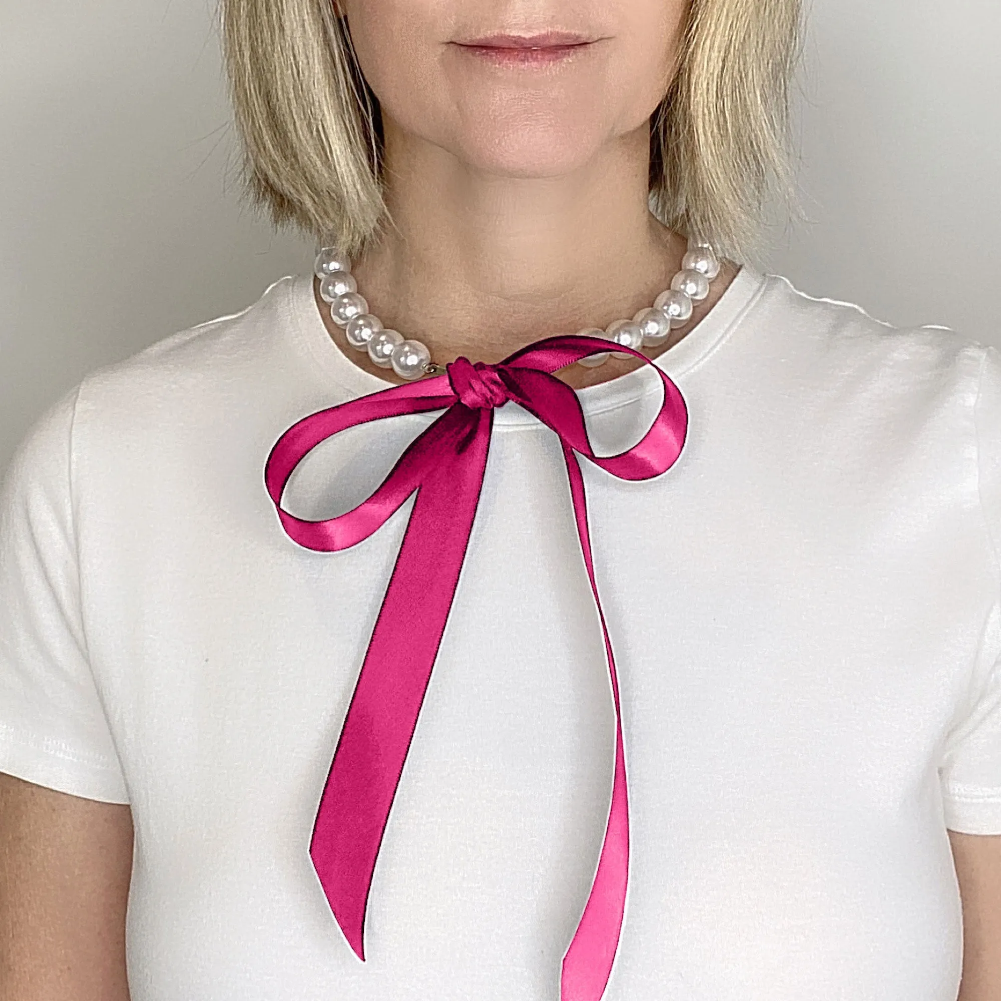 DOTTY bright pink ribbon pearl necklace