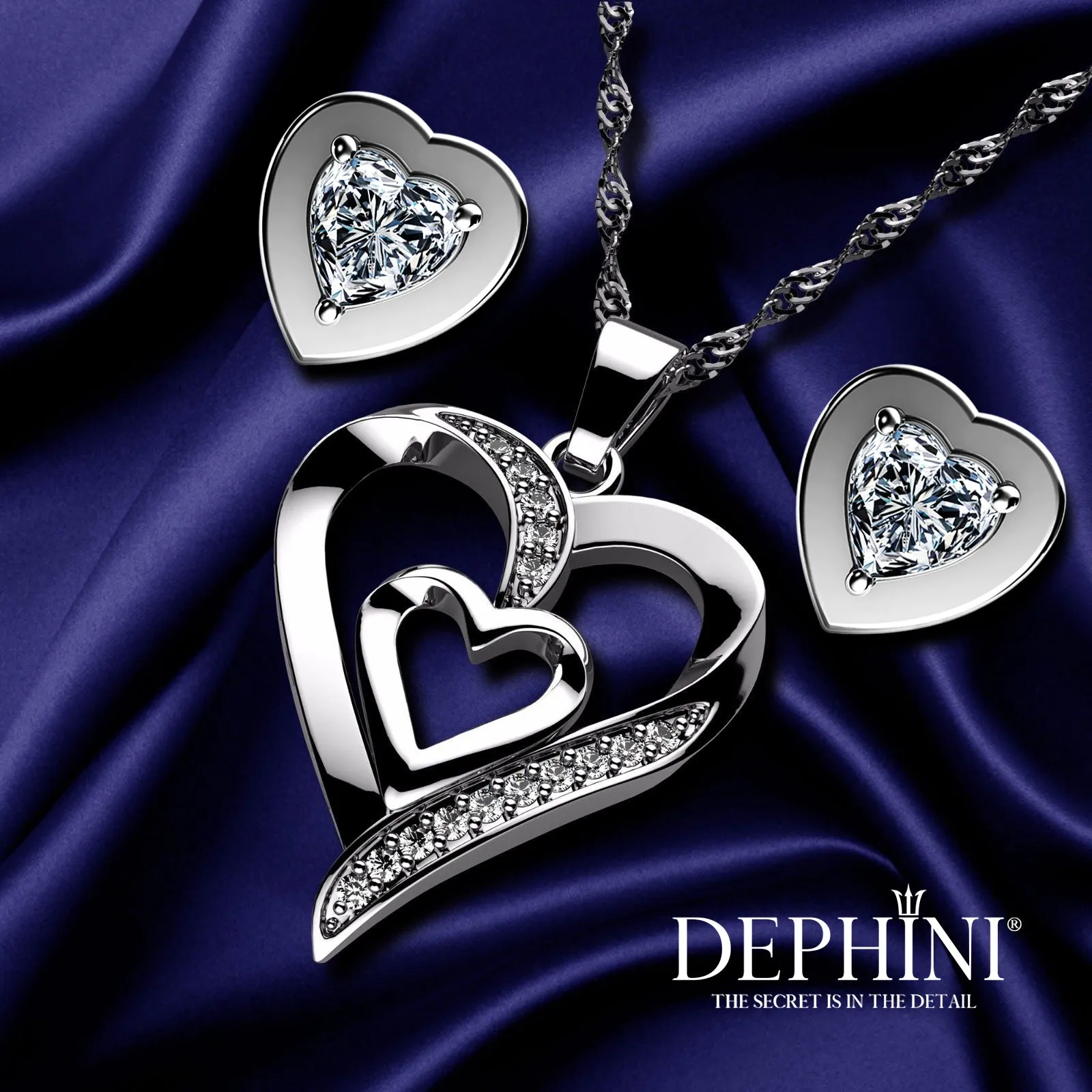 Double Heart Set Necklace Heart Earrings 925 Silver Jewellery Dephini