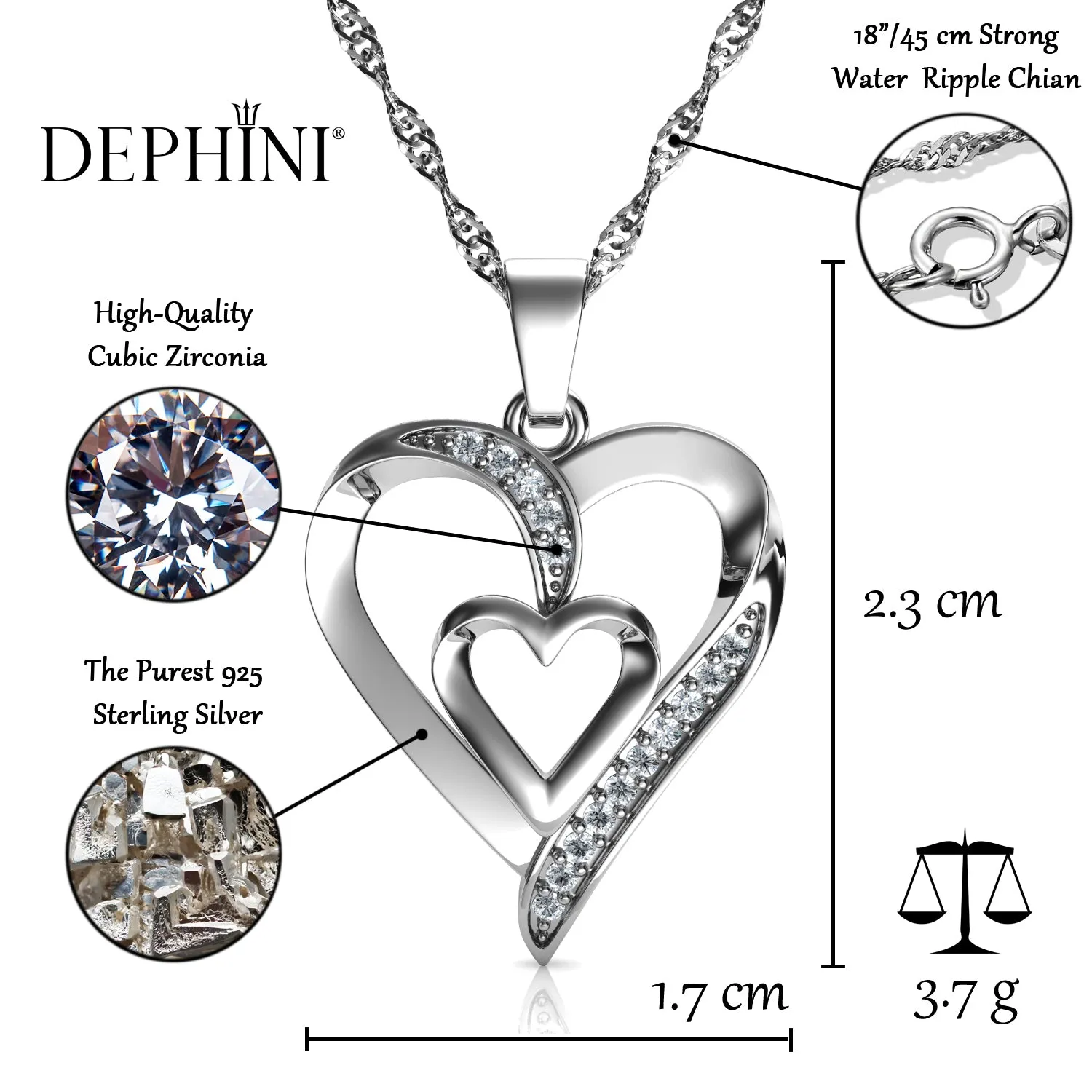 Double Heart Set Necklace Heart Earrings 925 Silver Jewellery Dephini