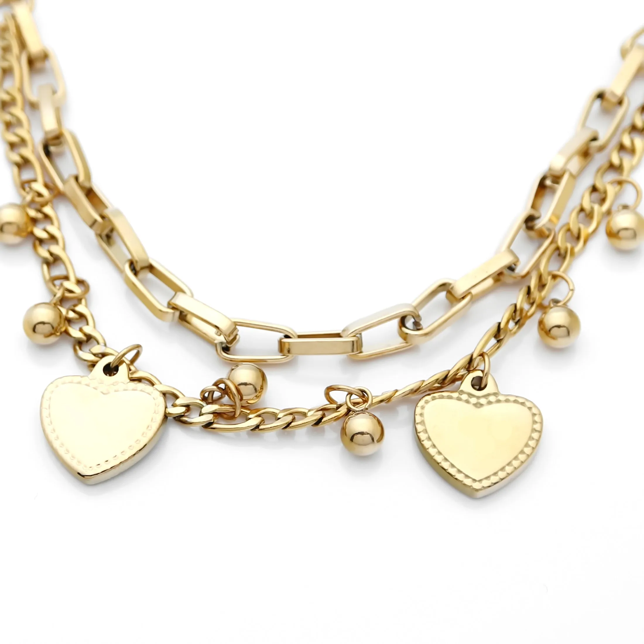 Double Layered Women's Bracelet with Dangle Heart Charms - Gold