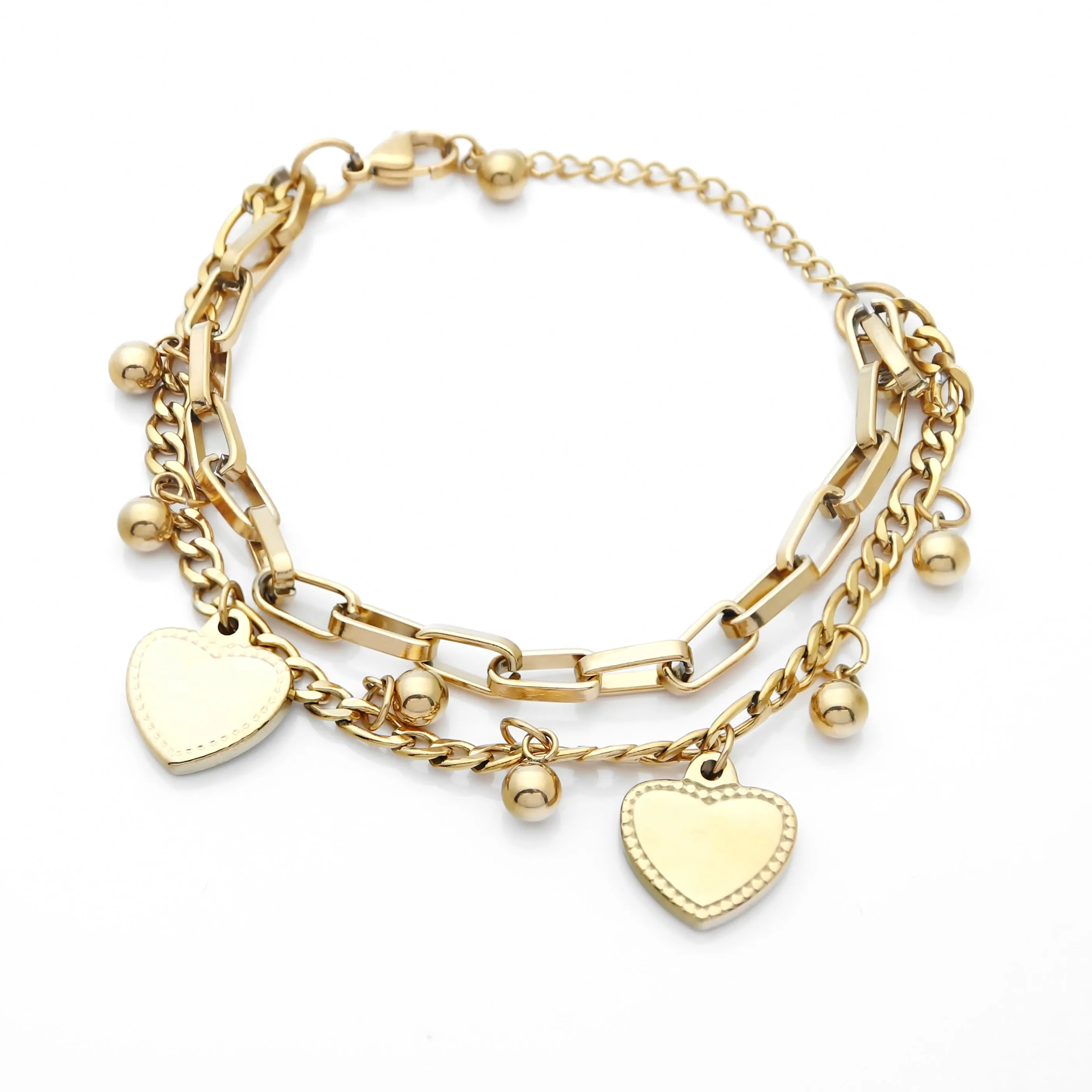 Double Layered Women's Bracelet with Dangle Heart Charms - Gold