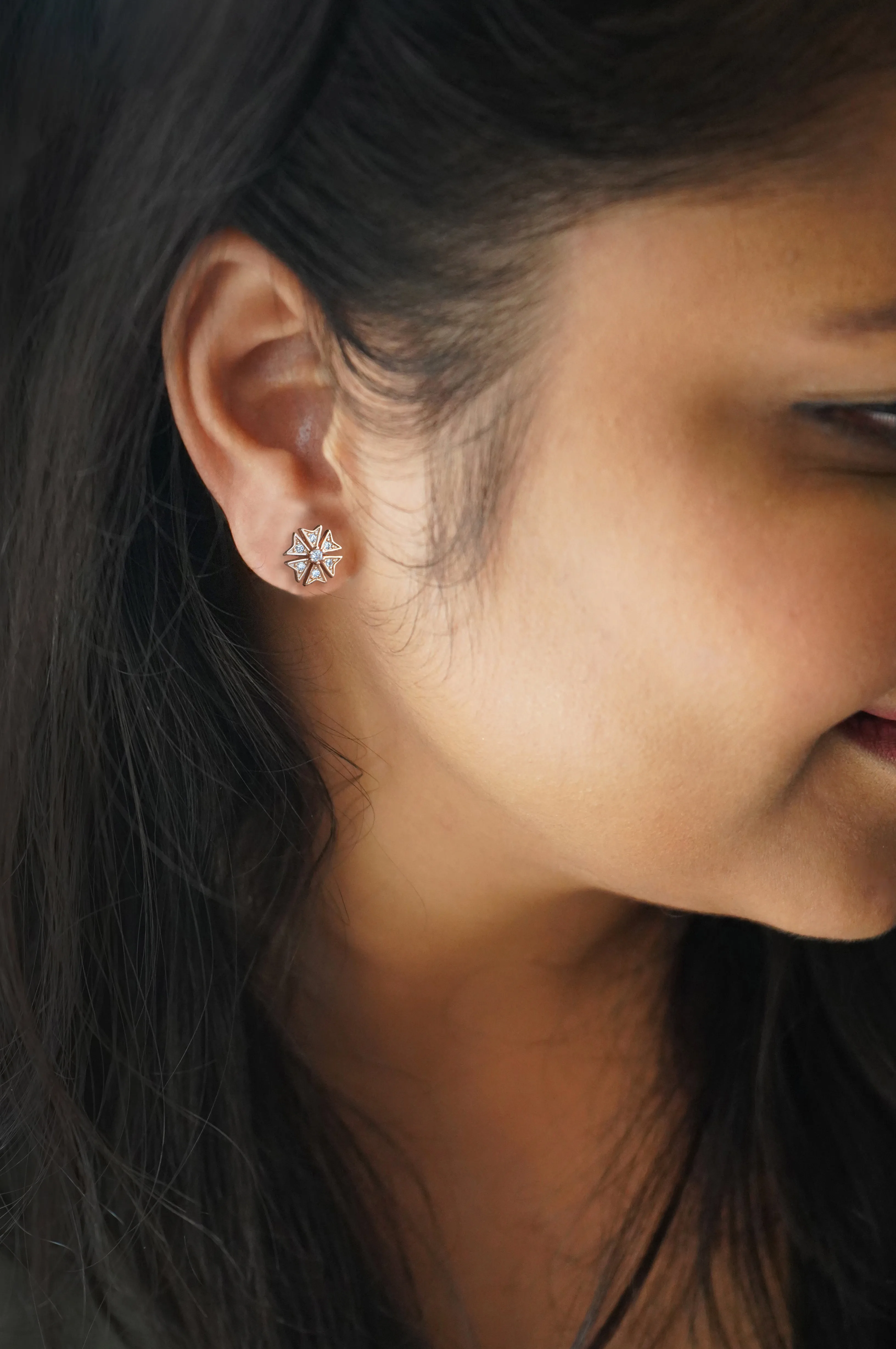 Edgy Flower Rose Gold Plated Sterling Silver Earrings