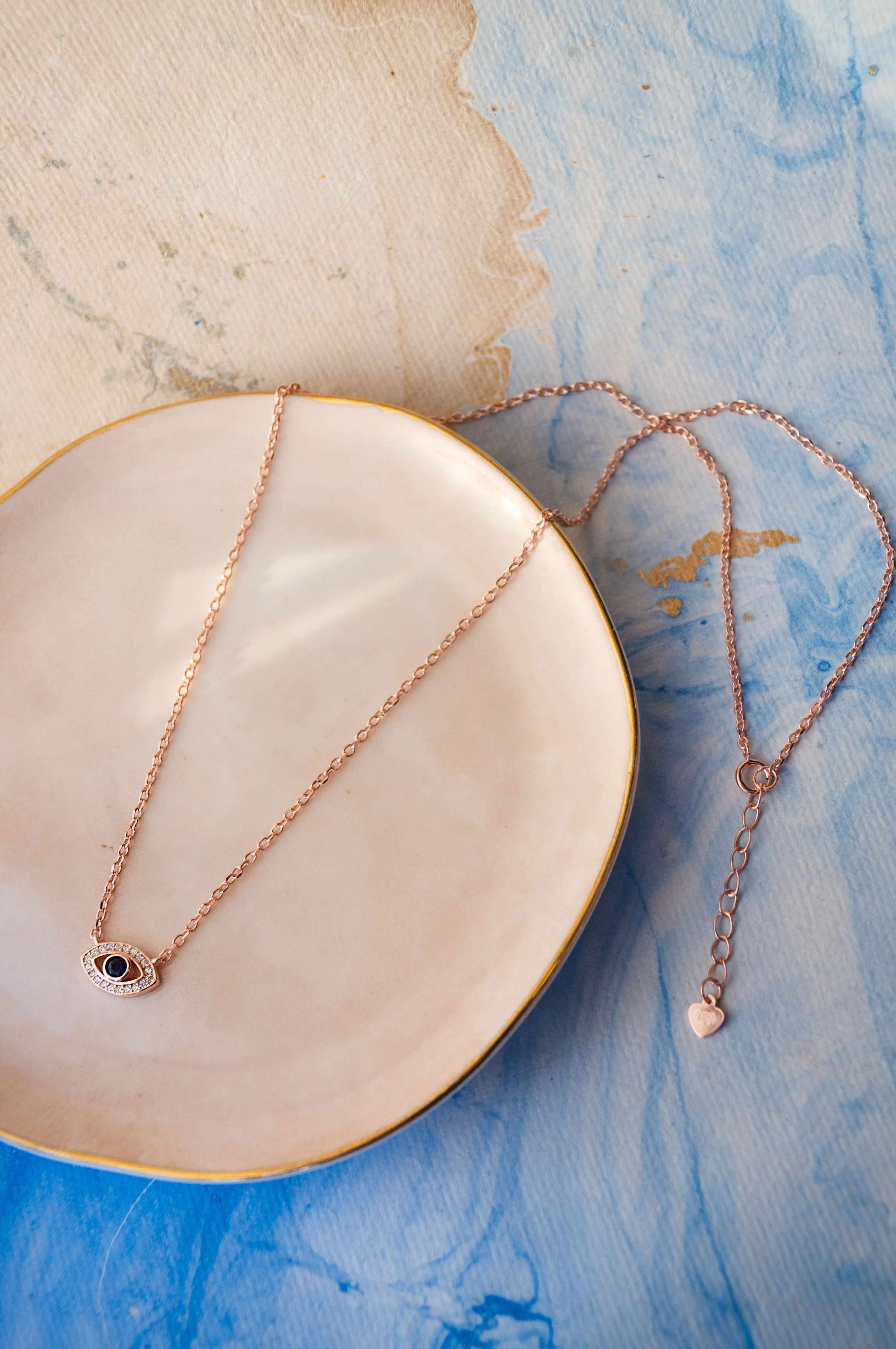 Evil Eye Sparkle Delicate Rose Gold Plated Sterling Silver Chain Necklace