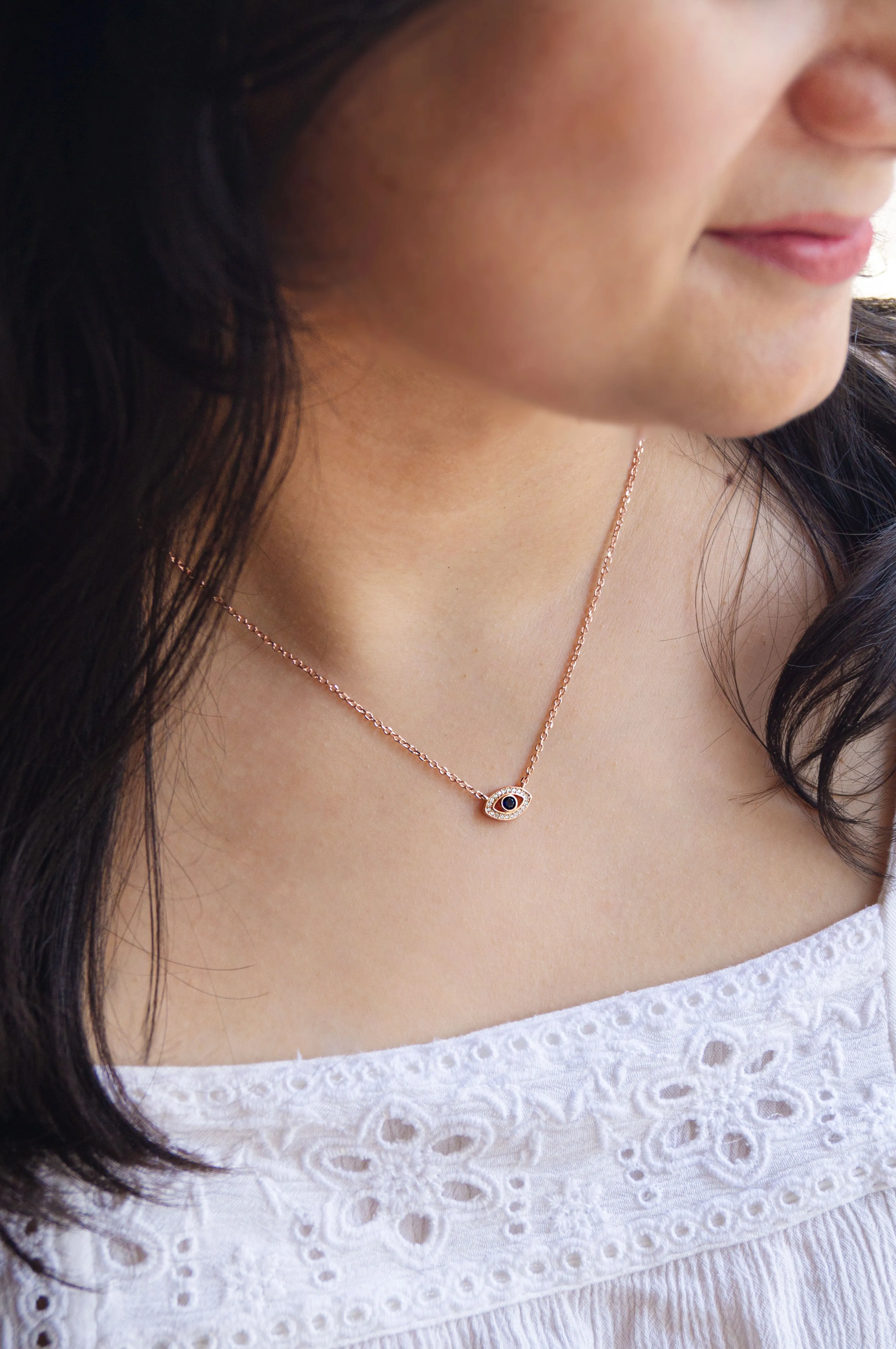 Evil Eye Sparkle Delicate Rose Gold Plated Sterling Silver Chain Necklace