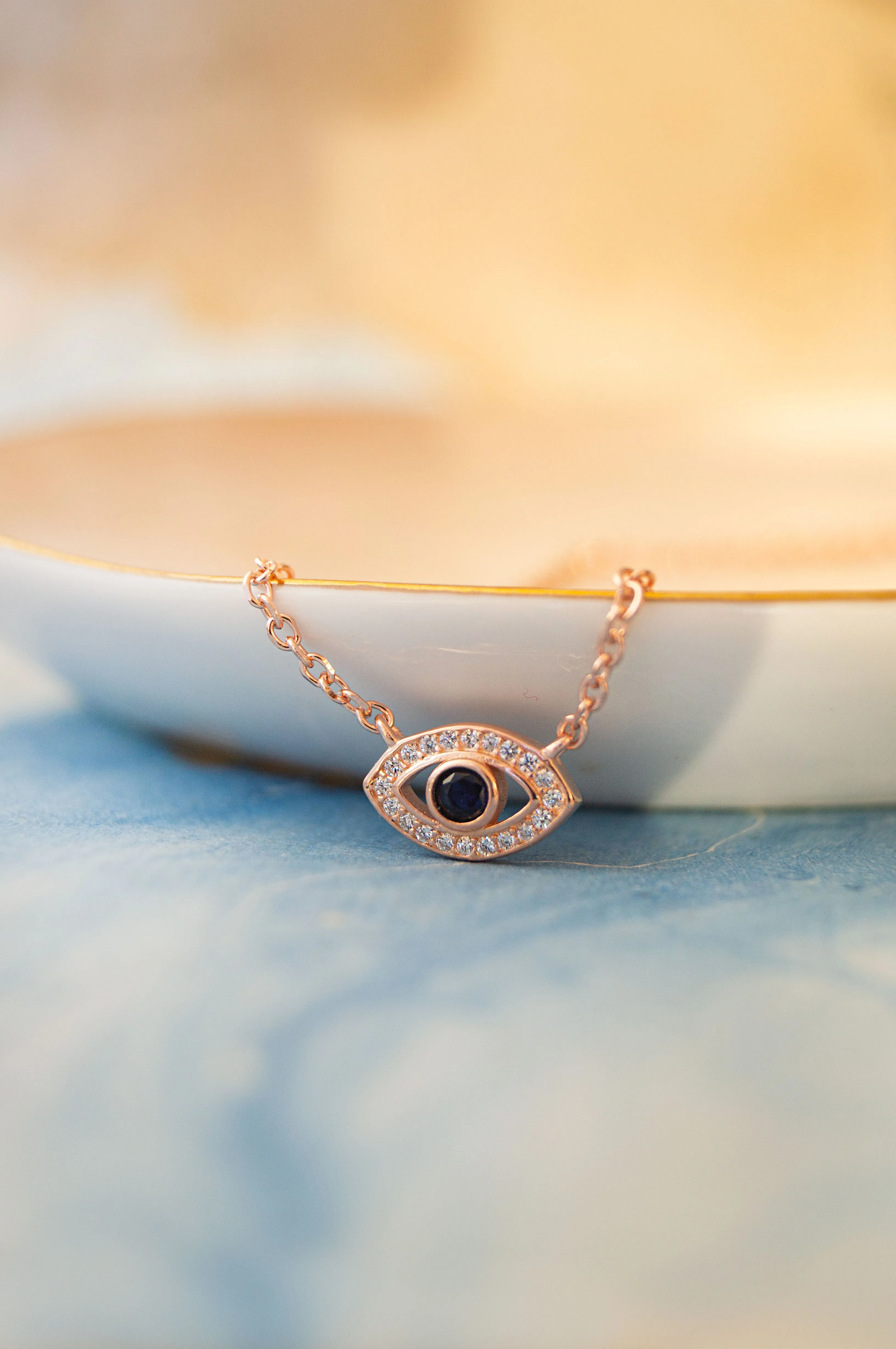 Evil Eye Sparkle Delicate Rose Gold Plated Sterling Silver Chain Necklace