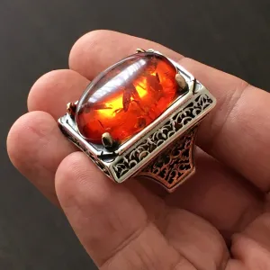 Fire Amber Mens Ring Heavy Large Solid Sterling Silver Turkish Artisan Designer Jewelry