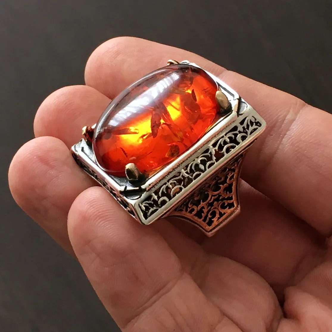 Fire Amber Mens Ring Heavy Large Solid Sterling Silver Turkish Artisan Designer Jewelry