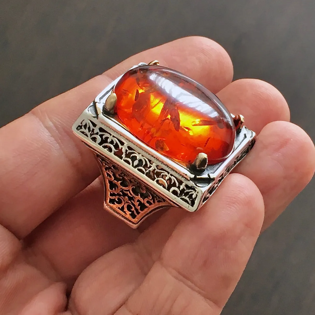 Fire Amber Mens Ring Heavy Large Solid Sterling Silver Turkish Artisan Designer Jewelry