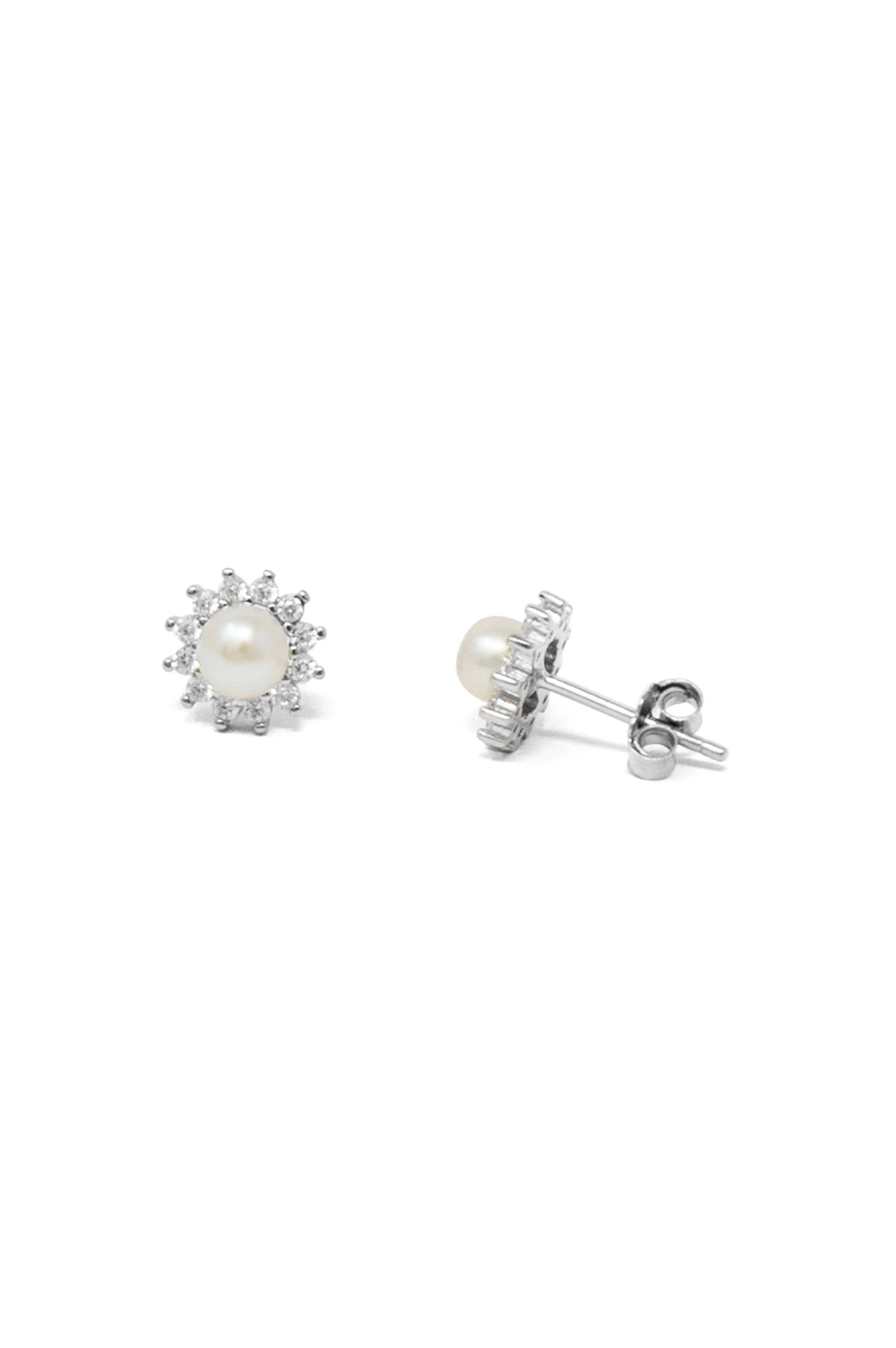 Glowing Pearly Flower Sterling Silver Stud Earrings