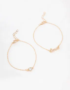 Gold Diamante Heart Love Bracelet Pack