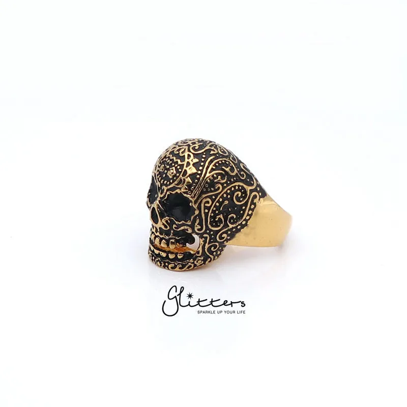 Gold IP Stainless Steel Day of the Dead Skull Cast Ring