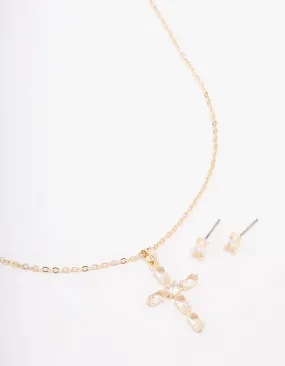 Gold Plated Diamante Cross Pendant Necklace & Stud Earring Set