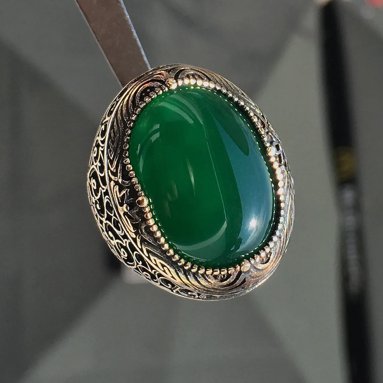 Green Agate Ring 925 Sterling Silver natural Aqeeq Turkish Artisan Men's Jewelry