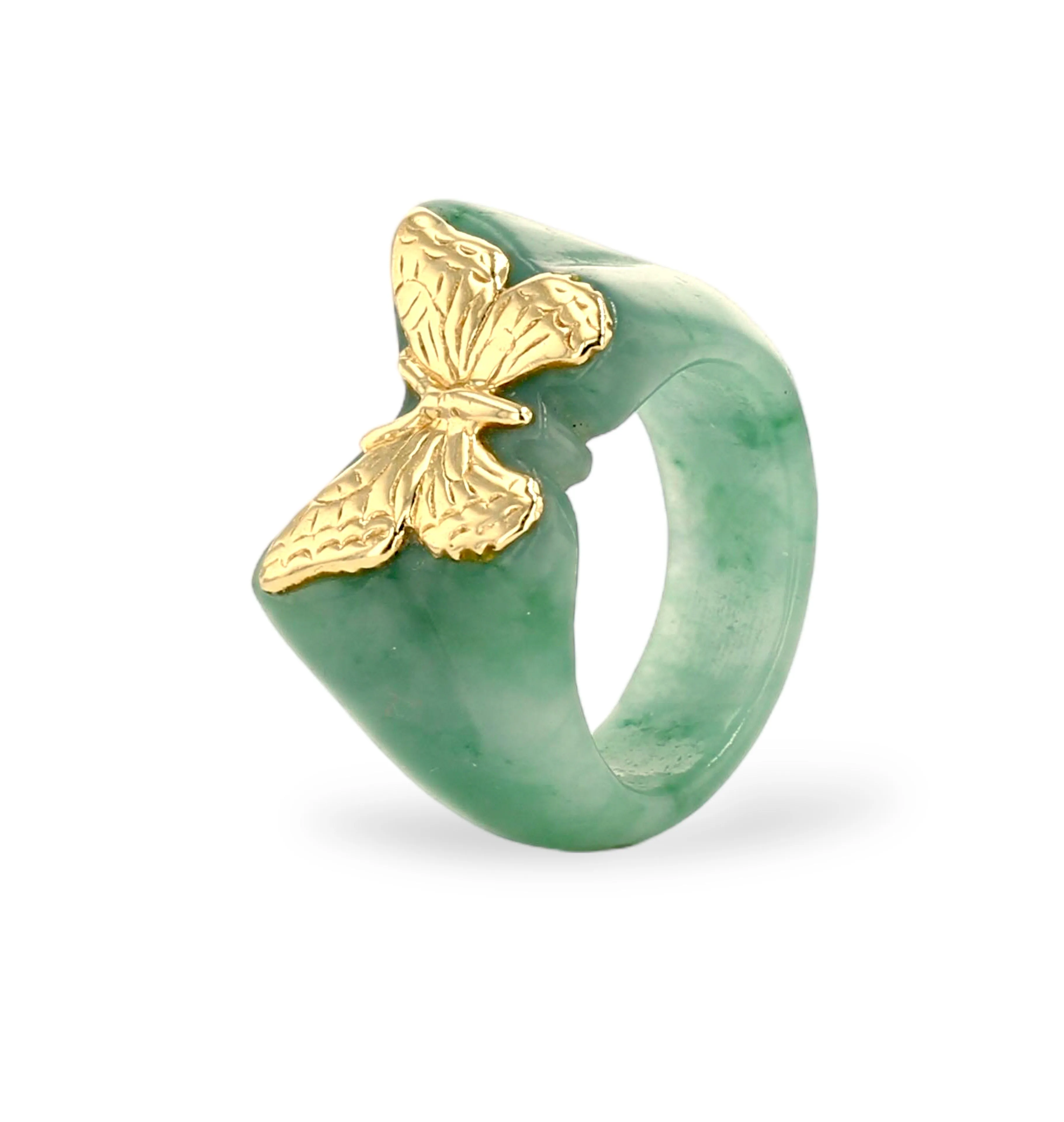 Green Jade Butterfly shape 14k Yellow Ring