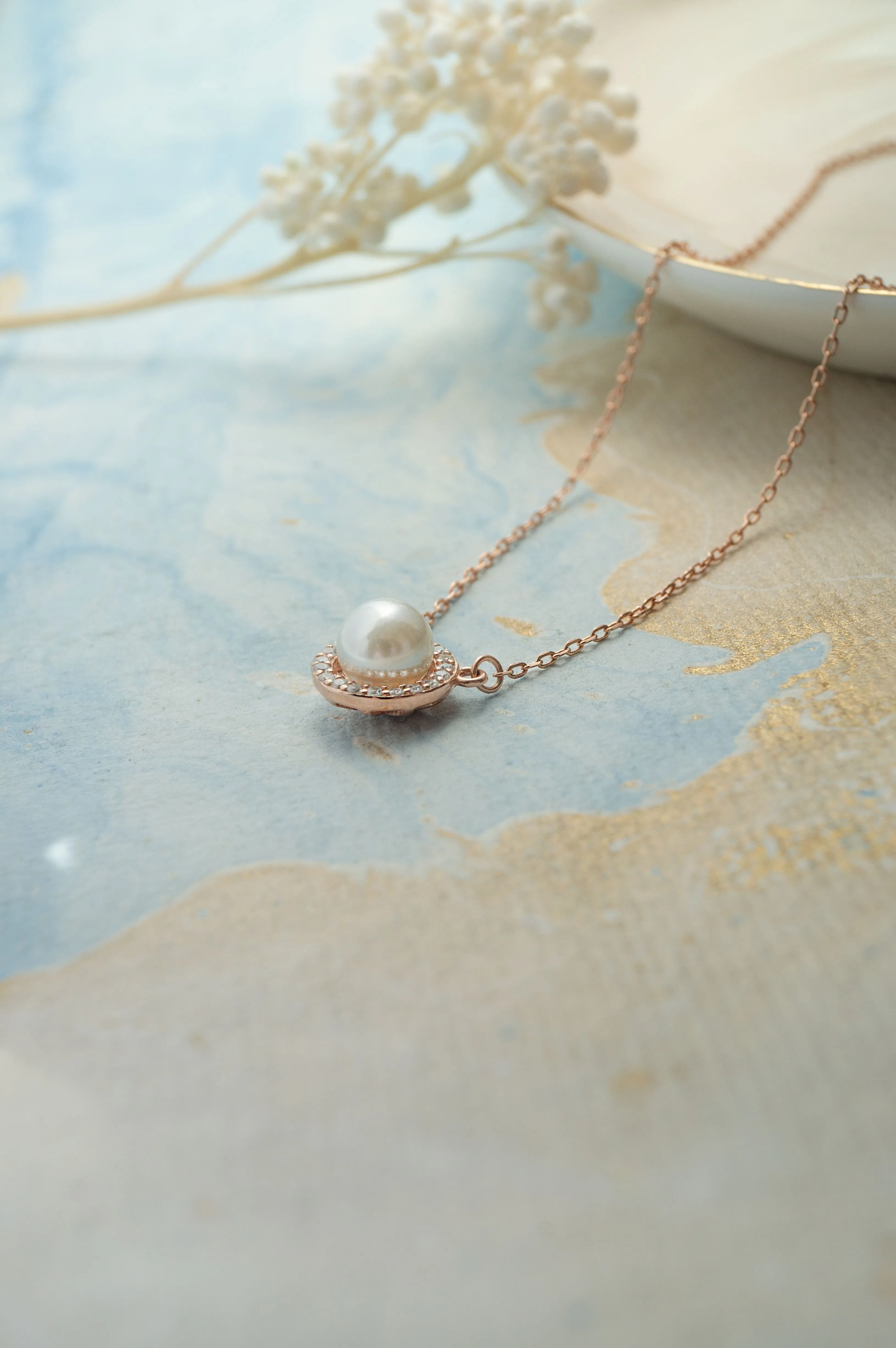 Halo Pearl Rose Gold Plated Sterling Silver Chain Necklace