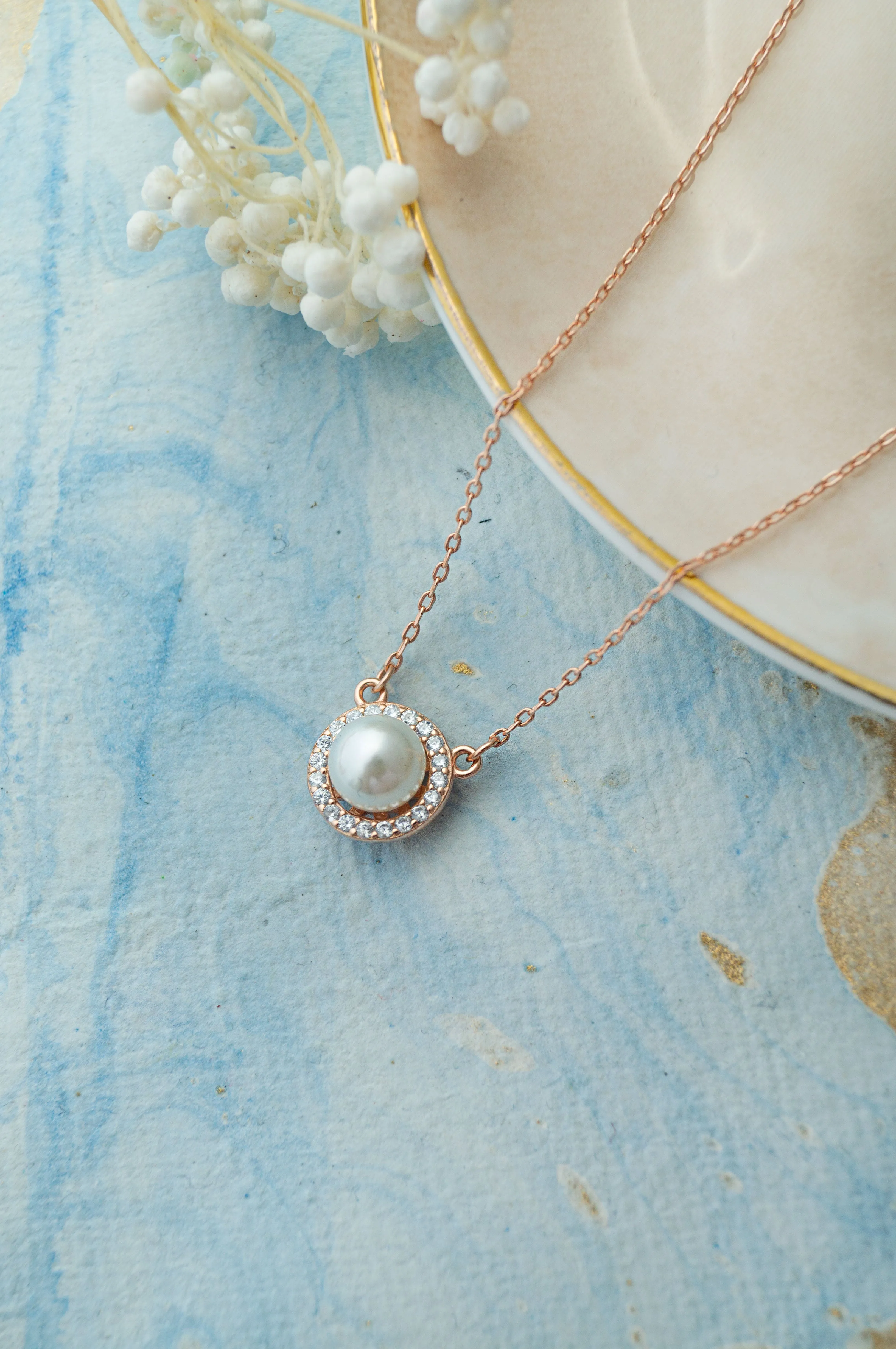 Halo Pearl Rose Gold Plated Sterling Silver Chain Necklace