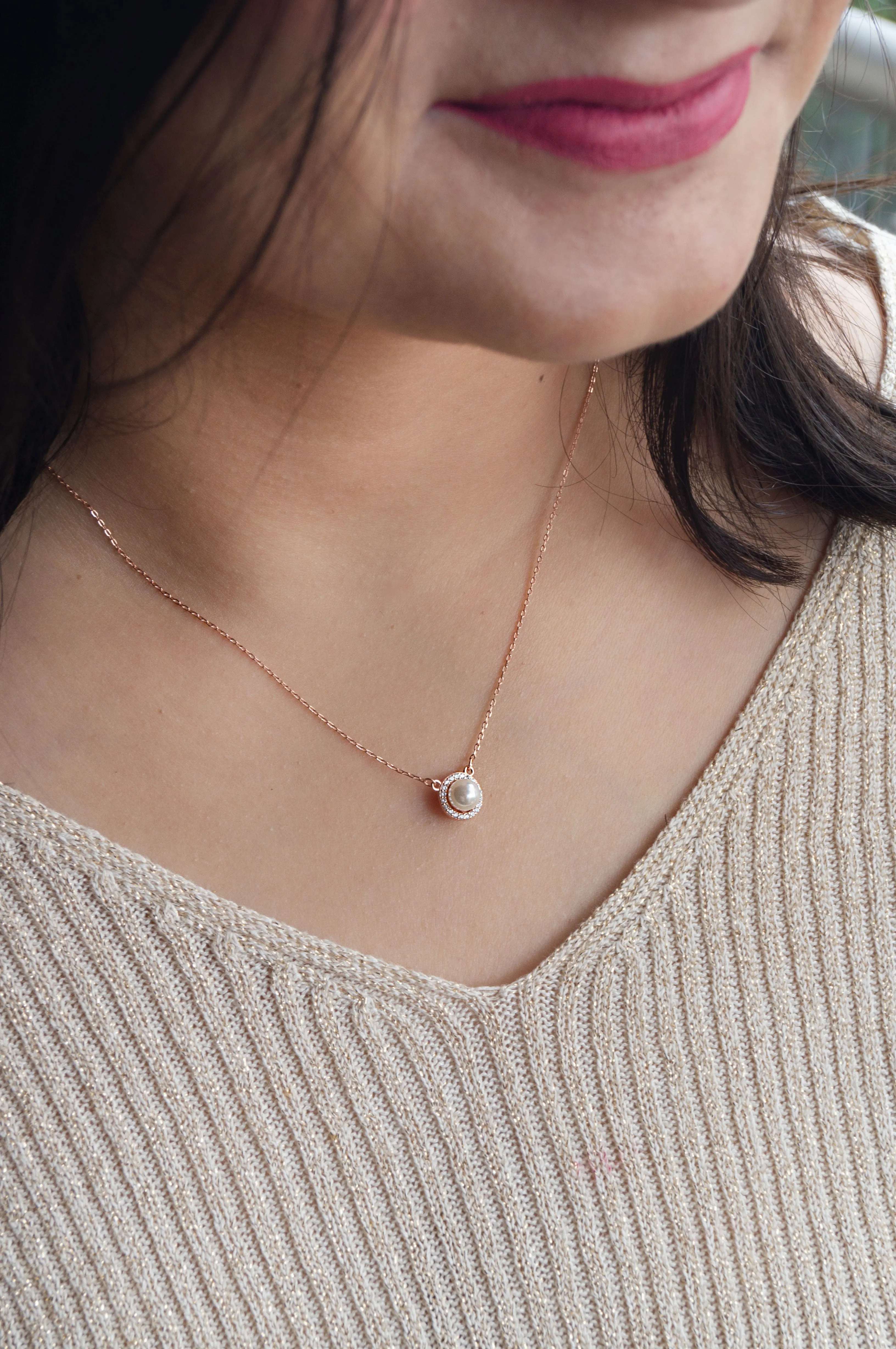 Halo Pearl Rose Gold Plated Sterling Silver Chain Necklace