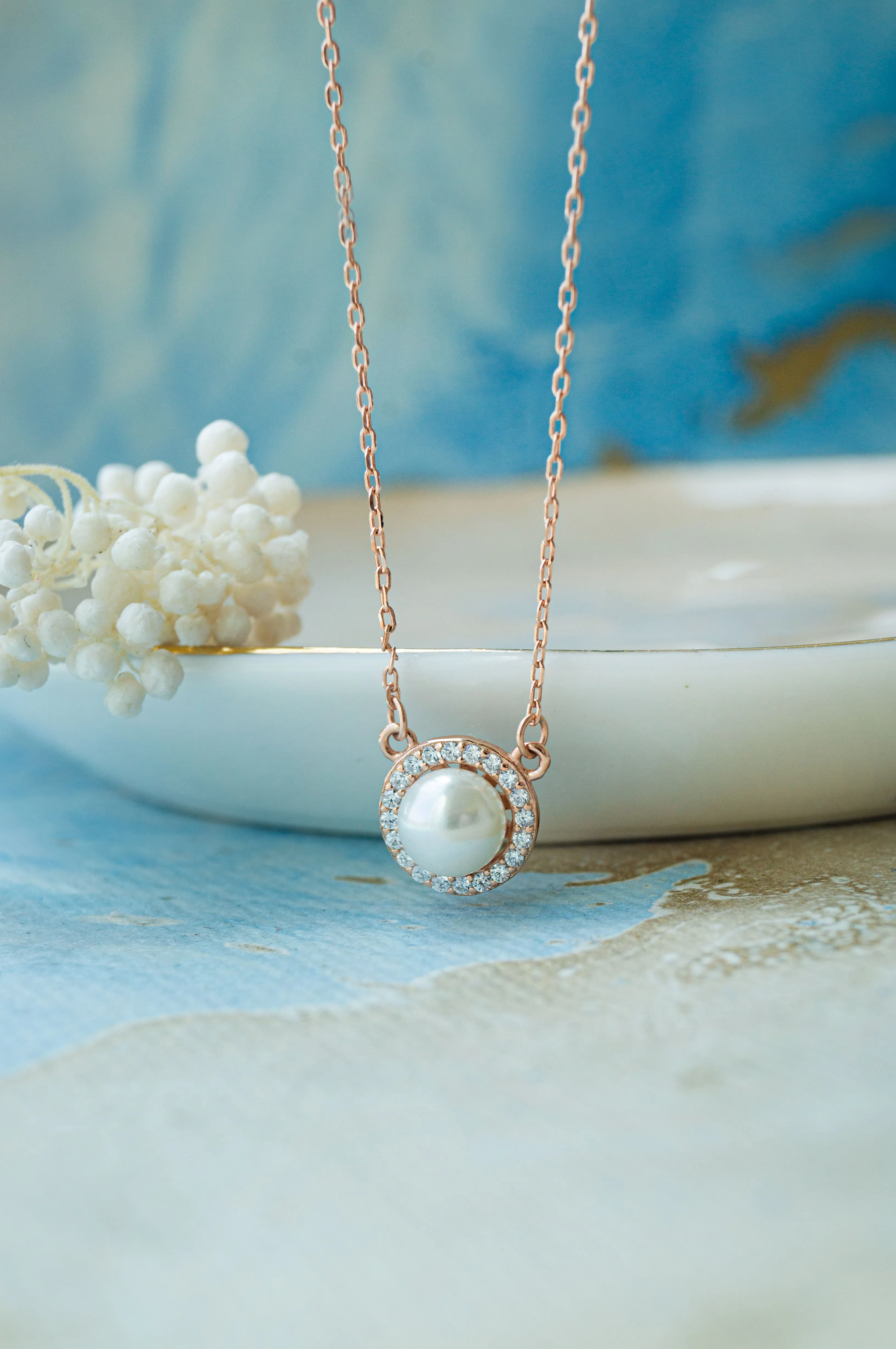 Halo Pearl Rose Gold Plated Sterling Silver Chain Necklace