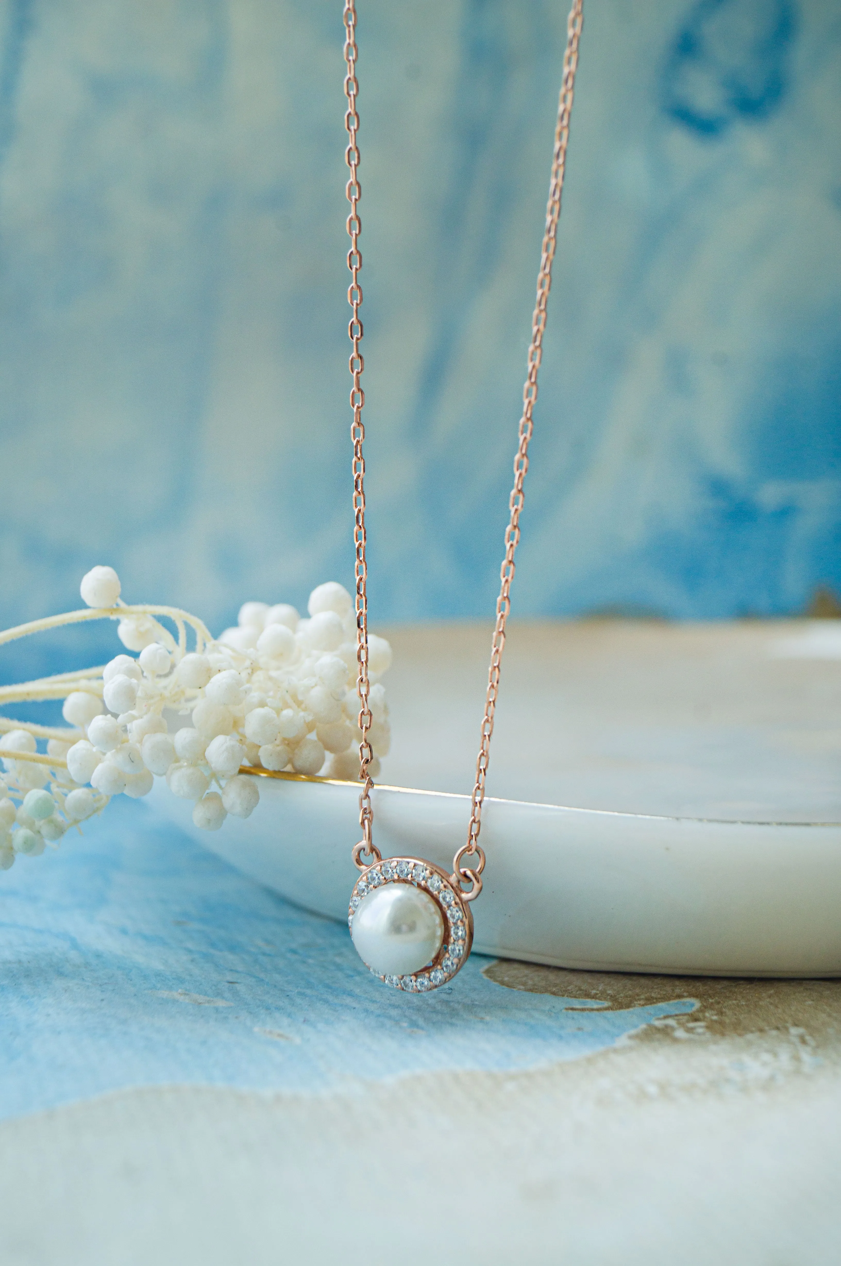 Halo Pearl Rose Gold Plated Sterling Silver Chain Necklace