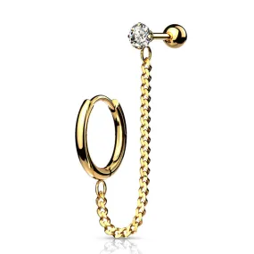 Hoop Earring and Chain Linked CZ Top Cartilage Barbell - Gold