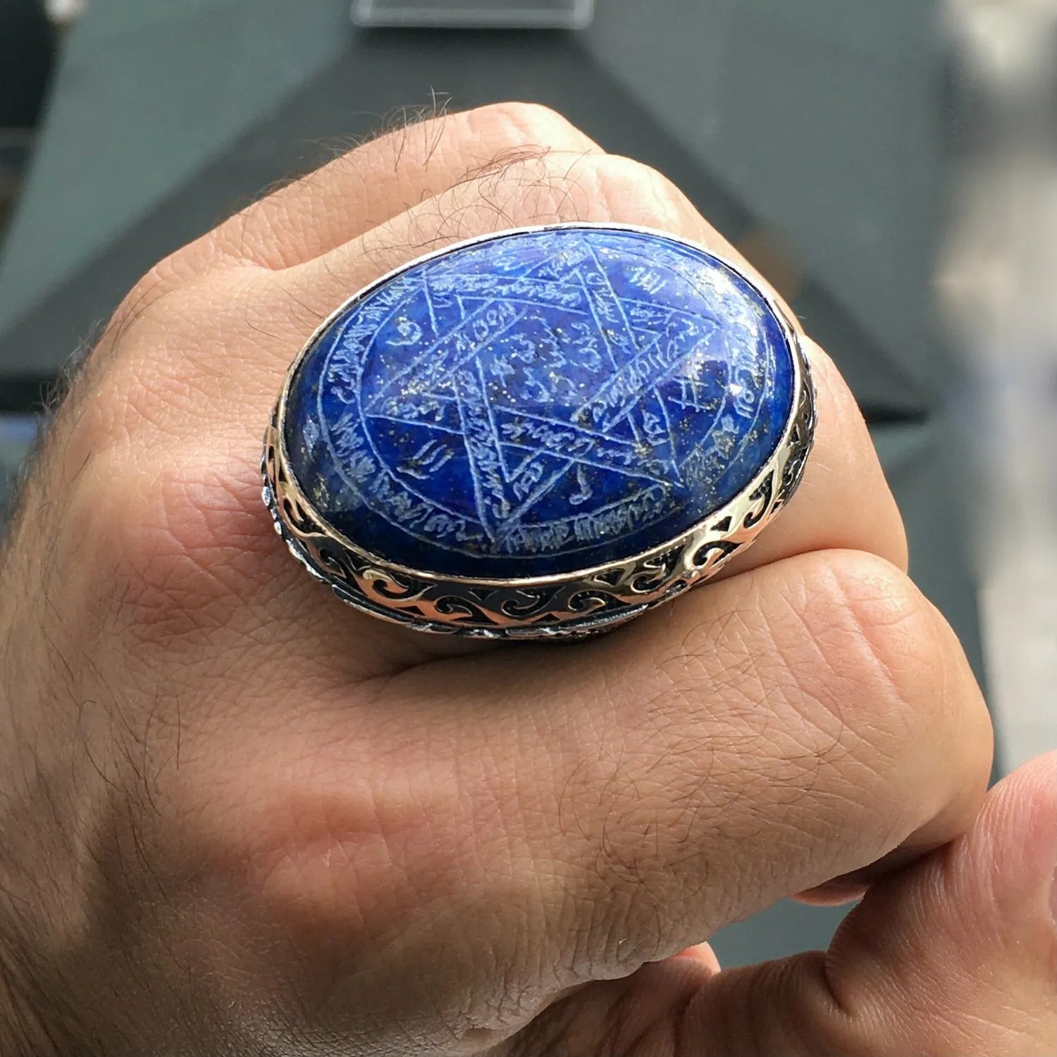 Huge Seal of Solomon Ring Lapis Lazuli solid 925 Sterling Silver Hand-engraved Unique Talisman