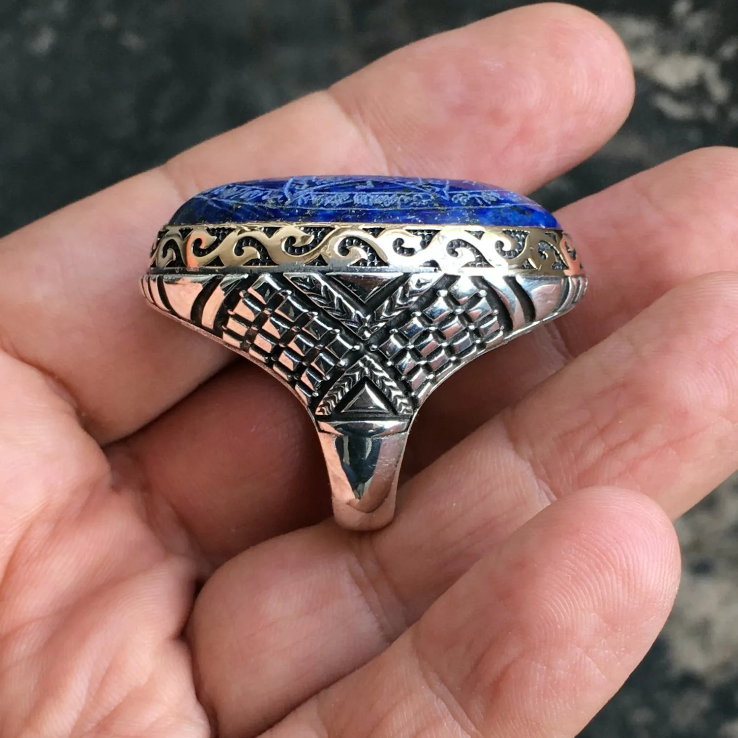 Huge Seal of Solomon Ring Lapis Lazuli solid 925 Sterling Silver Hand-engraved Unique Talisman