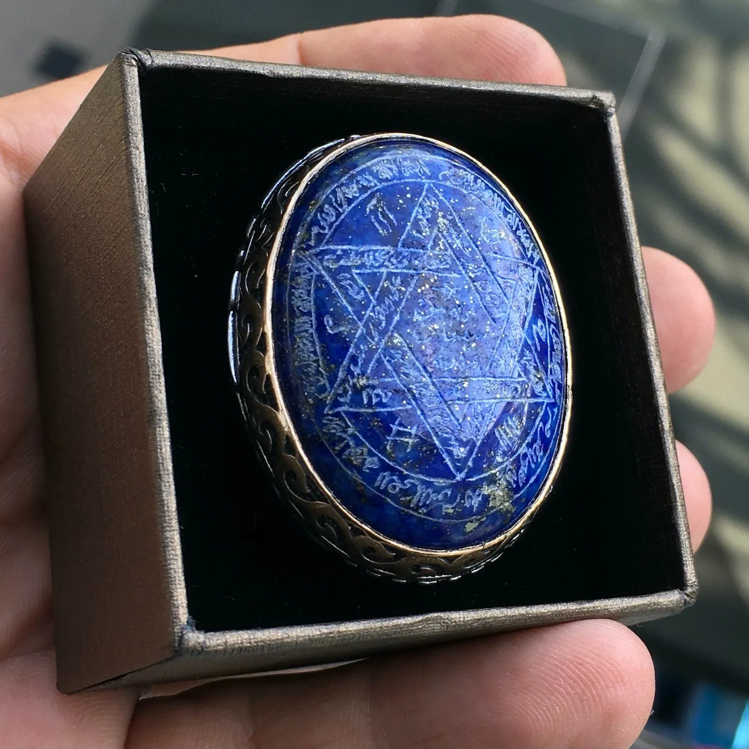 Huge Seal of Solomon Ring Lapis Lazuli solid 925 Sterling Silver Hand-engraved Unique Talisman