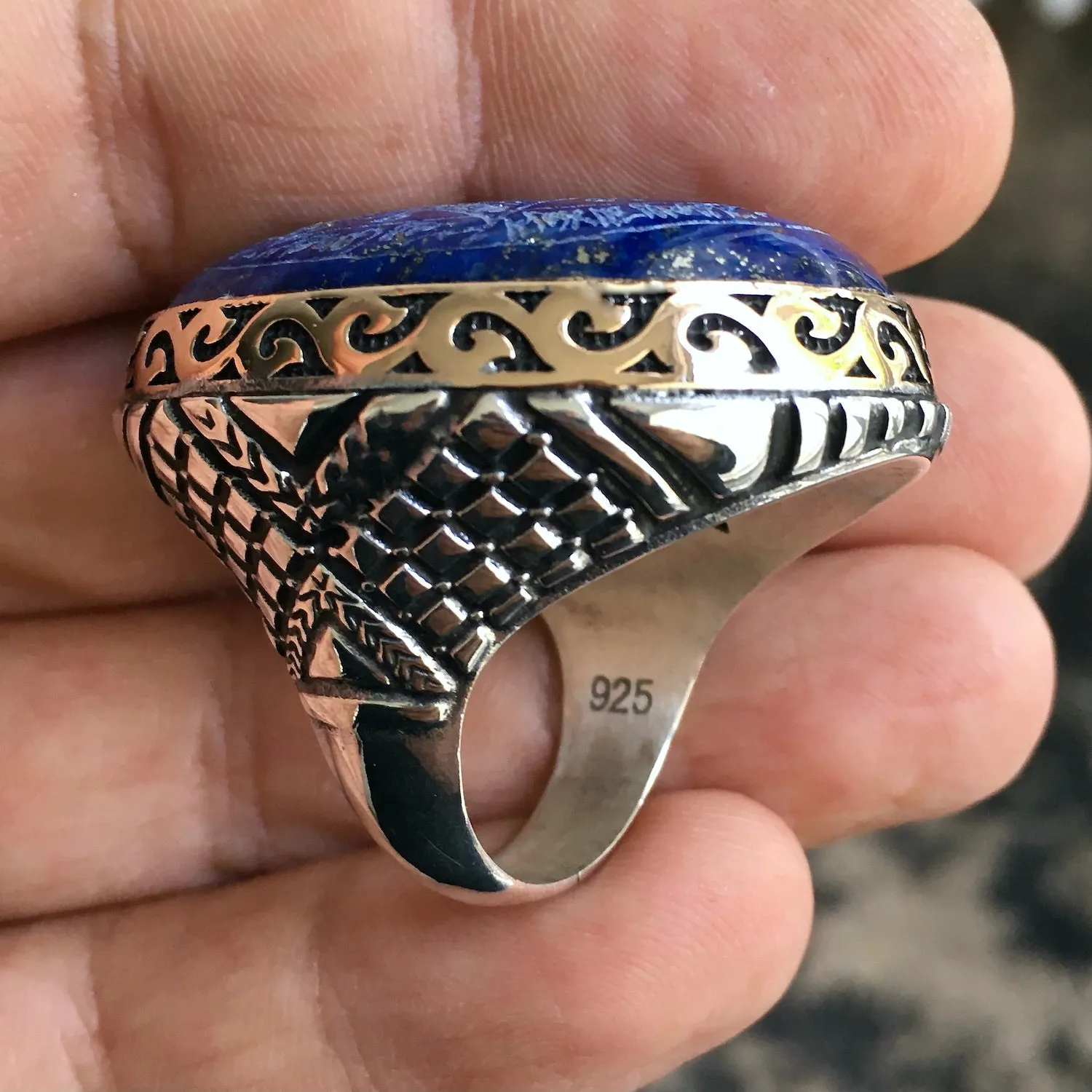 Huge Seal of Solomon Ring Lapis Lazuli solid 925 Sterling Silver Hand-engraved Unique Talisman