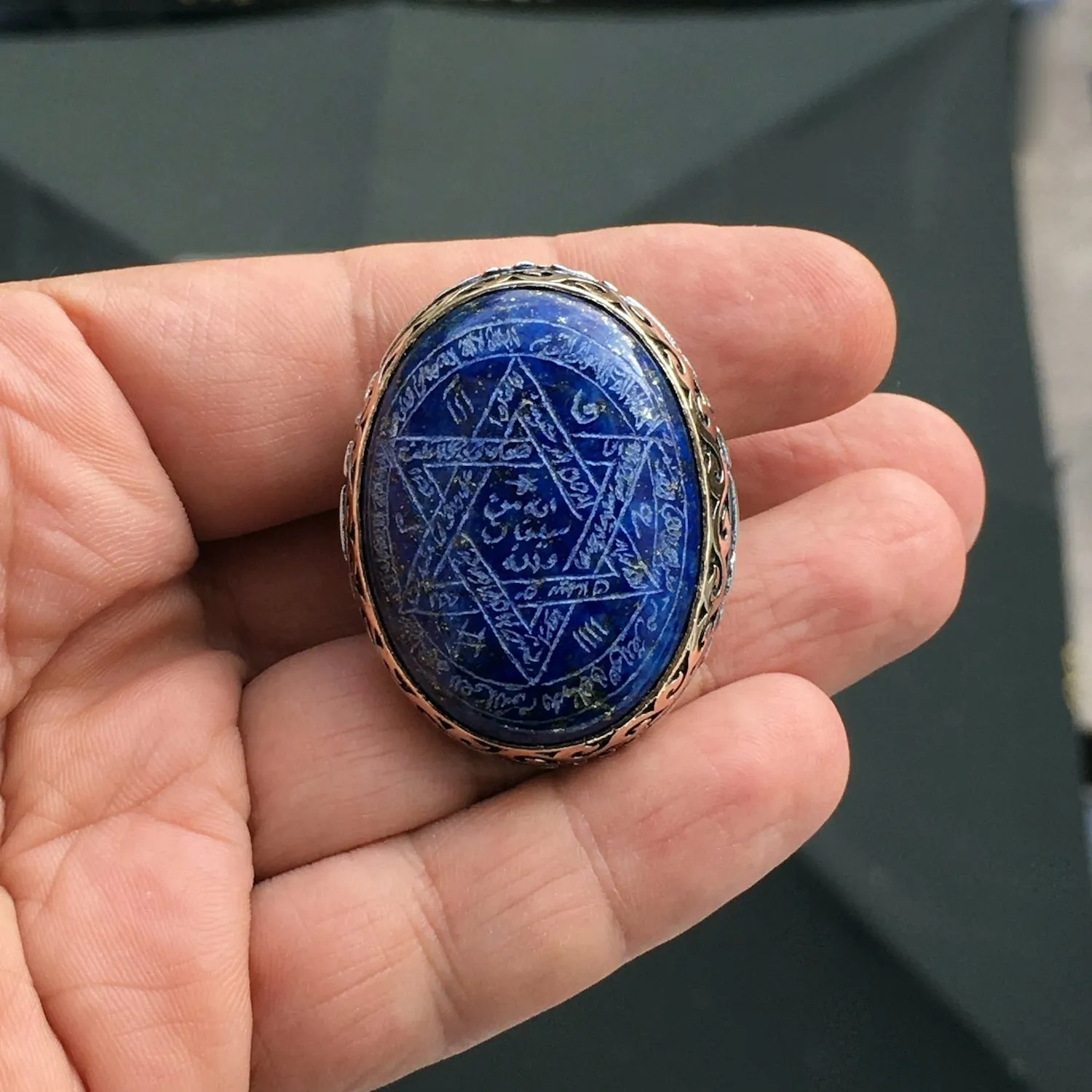 Huge Seal of Solomon Ring Lapis Lazuli solid 925 Sterling Silver Hand-engraved Unique Talisman